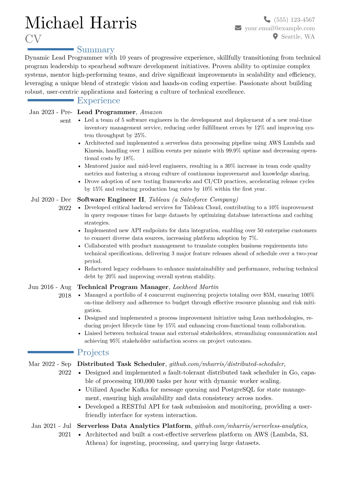 Lead Programmer resume example, Career changer, page 1