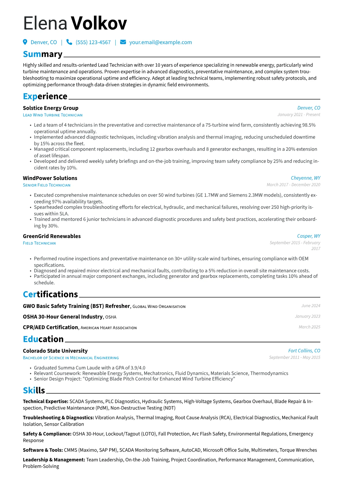 Lead Technician resume example, Lead Technician - Wind, page 1