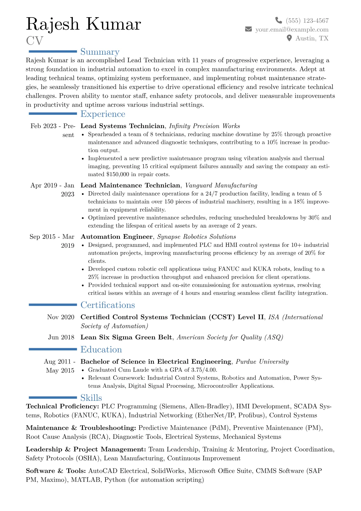 Lead Technician resume example, Career changer, page 1
