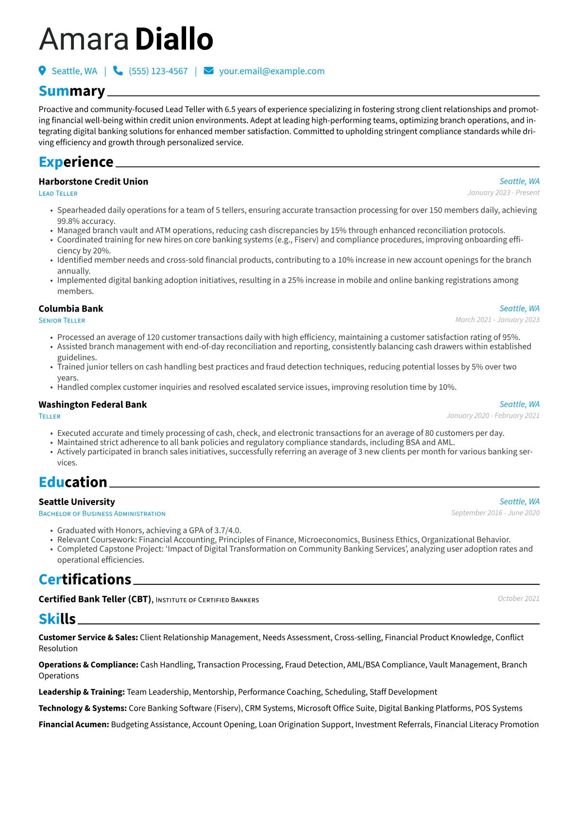 Lead Teller resume example, Community Credit Union, page 1