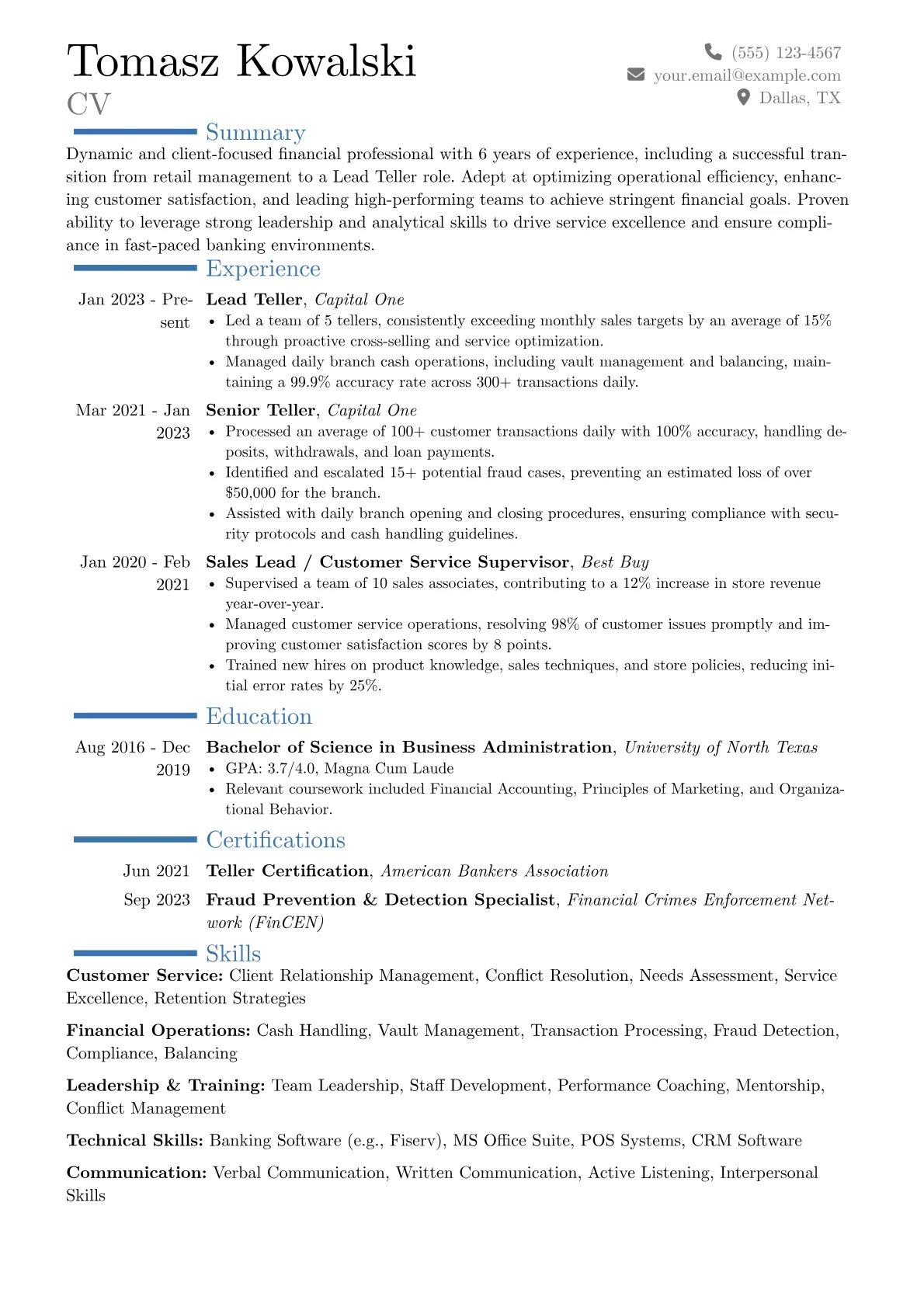 Lead Teller resume example, Career changer, page 1