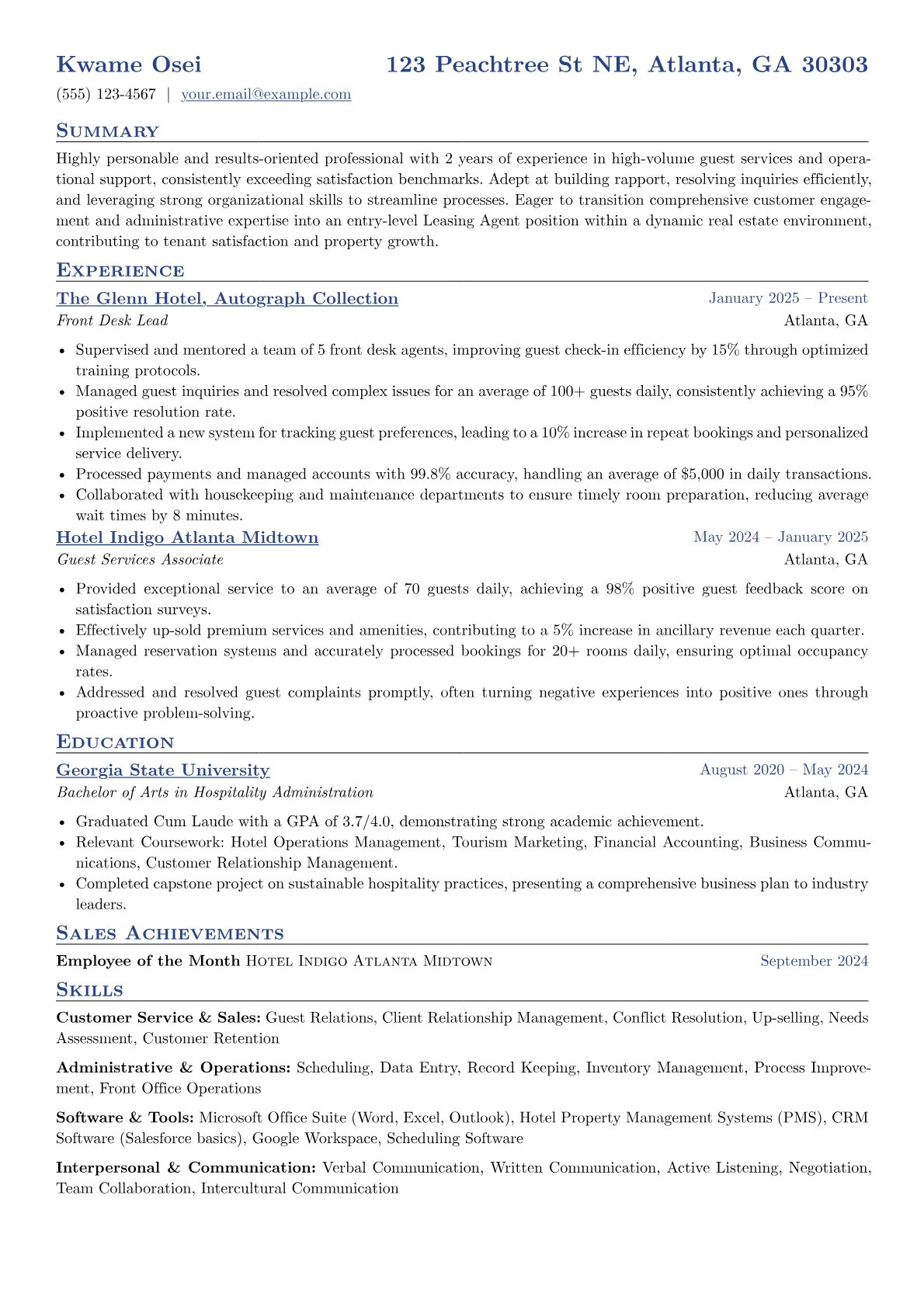 Leasing Agent No Experience resume example, Leasing Agent No, page 1