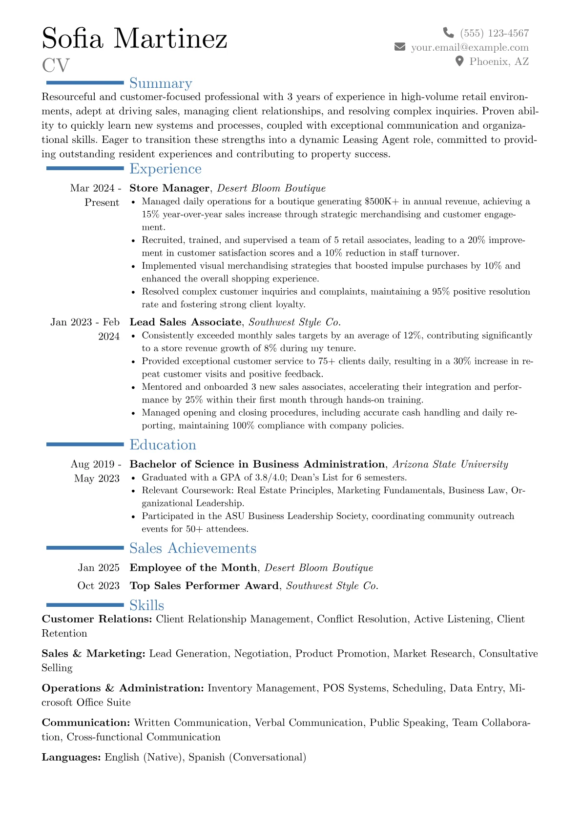 Leasing Agent No Experience resume example, Career changer, page 1