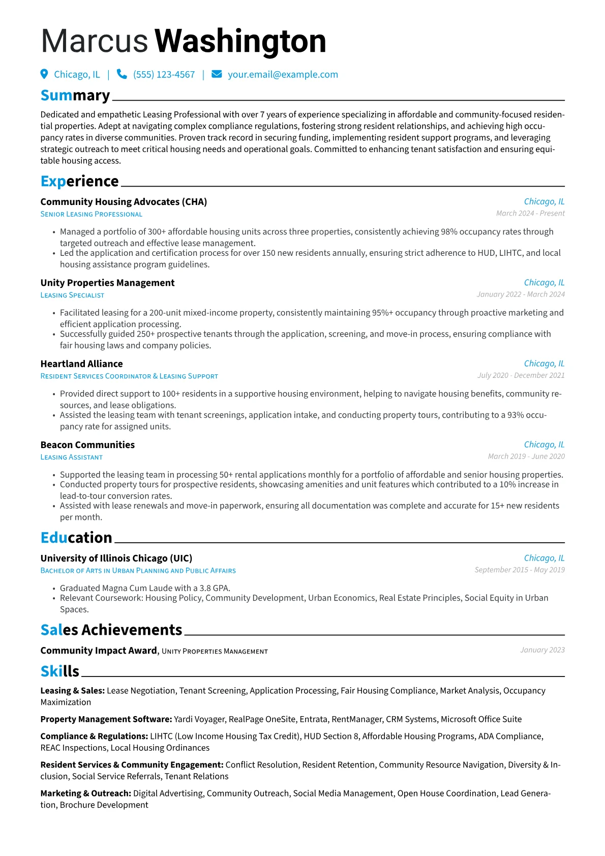 Leasing Professional resume example, Affordable Housing Leasing, page 1