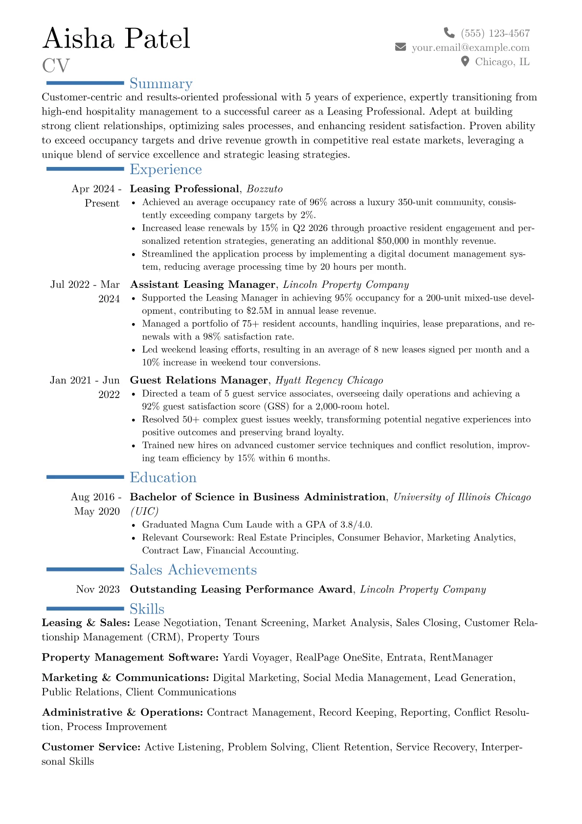 Leasing Professional resume example, Career changer, page 1