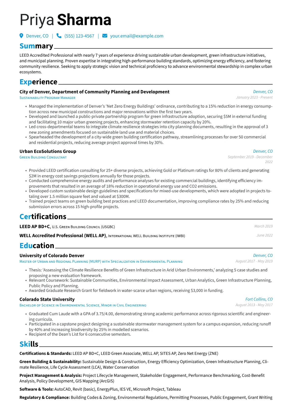 LEED Accredited Professional resume example, Urban Planner / Green, page 1