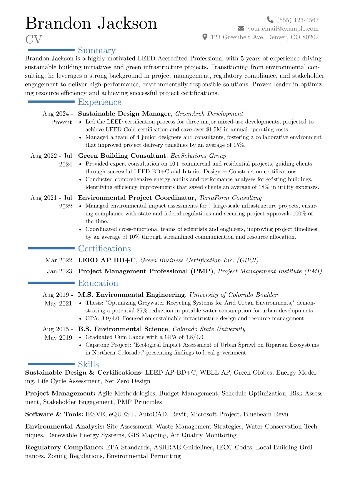 LEED Accredited Professional resume example, Career changer, page 1
