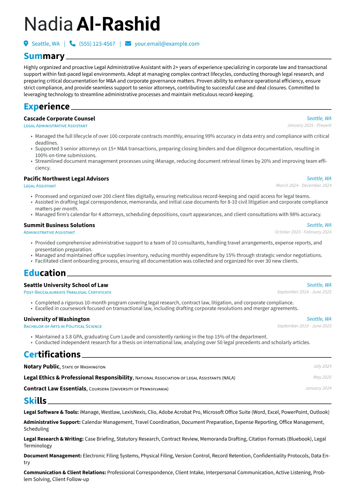 Legal Administrative Assistant resume example, Legal Administrative, page 1