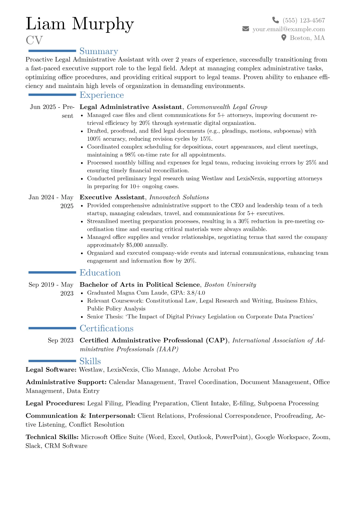 Legal Administrative Assistant resume example, Career changer, page 1