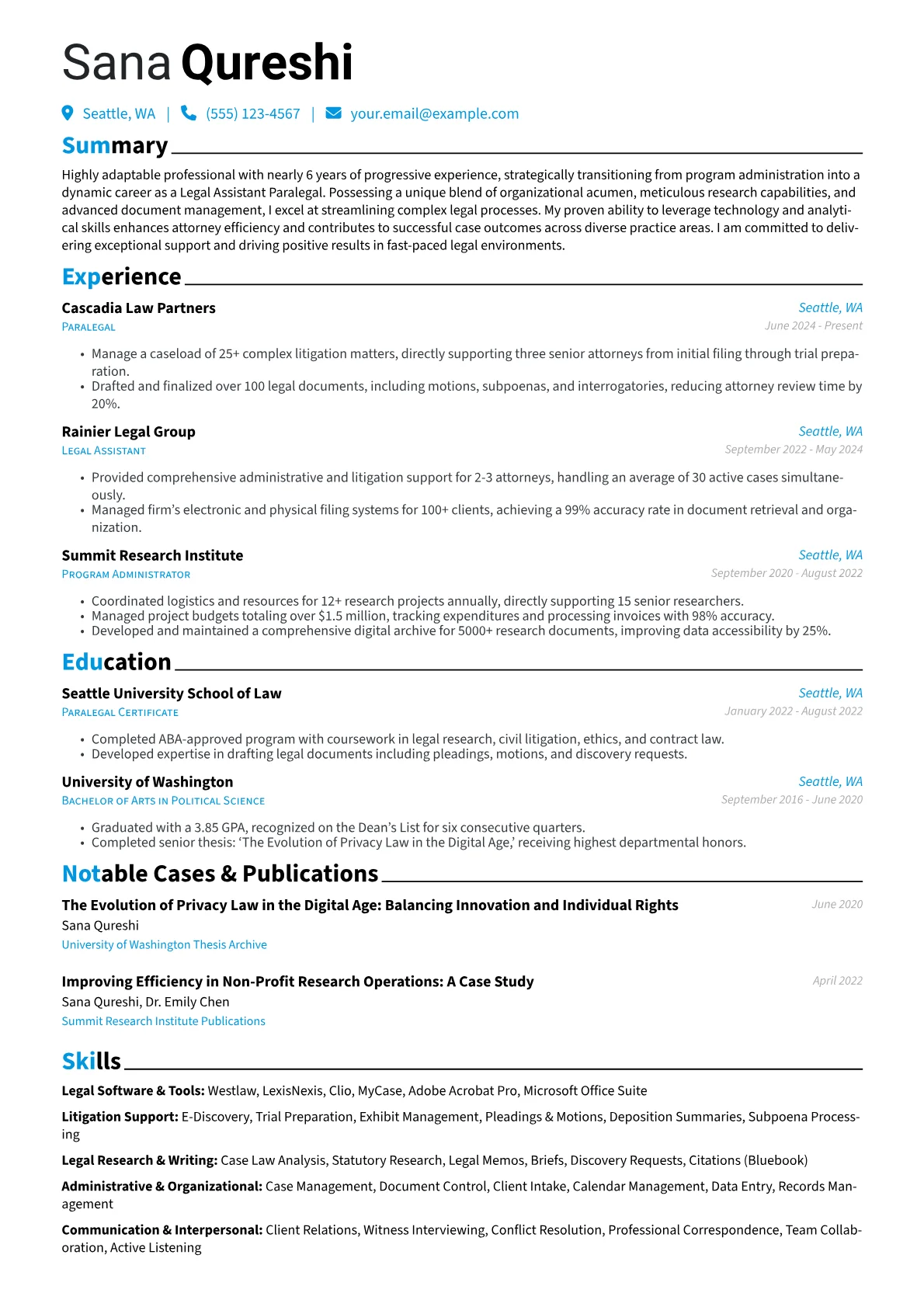 Legal Assistant Paralegal resume example, Career changer, page 1