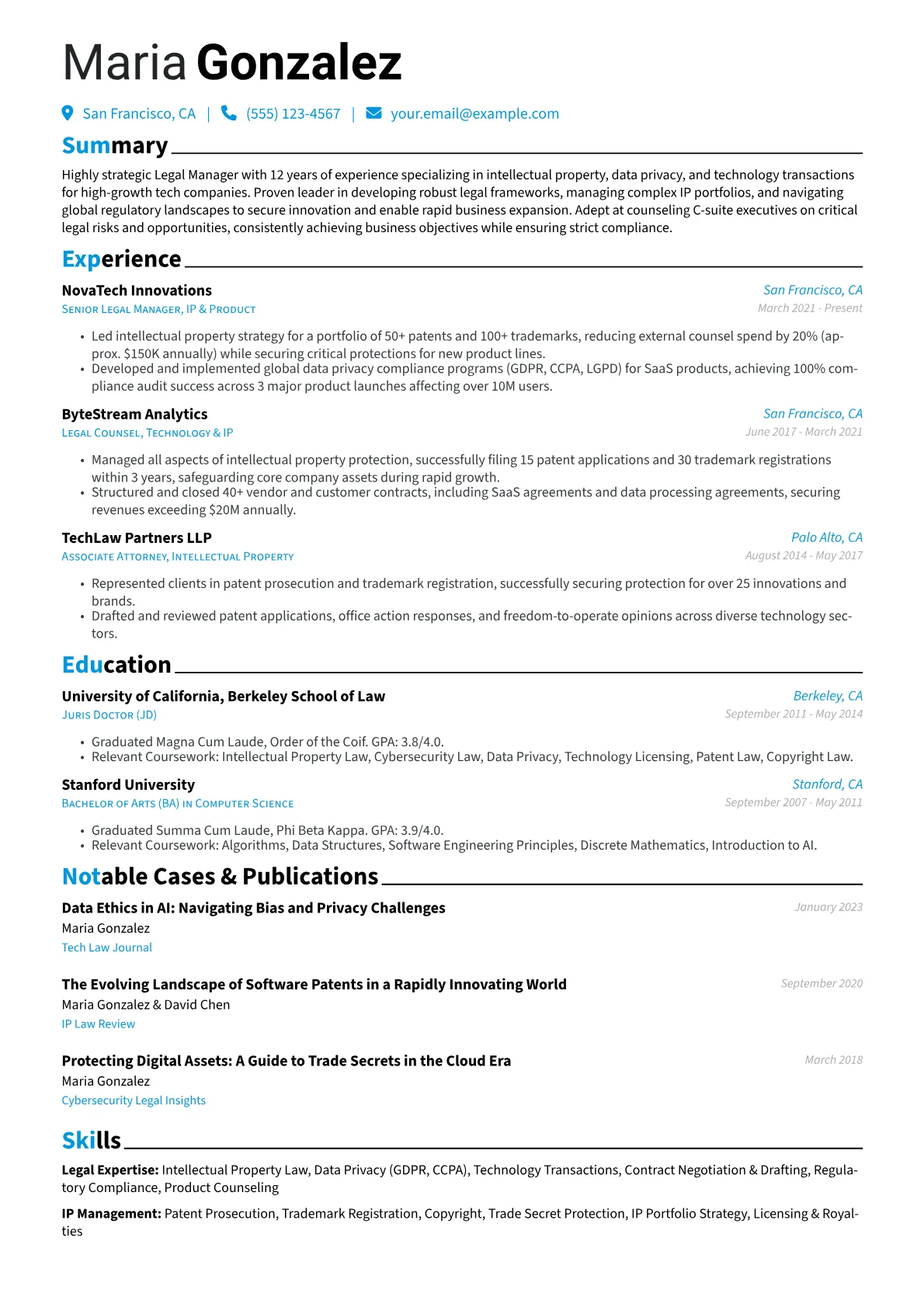 Legal Manager resume example, Legal Expertise, page 1