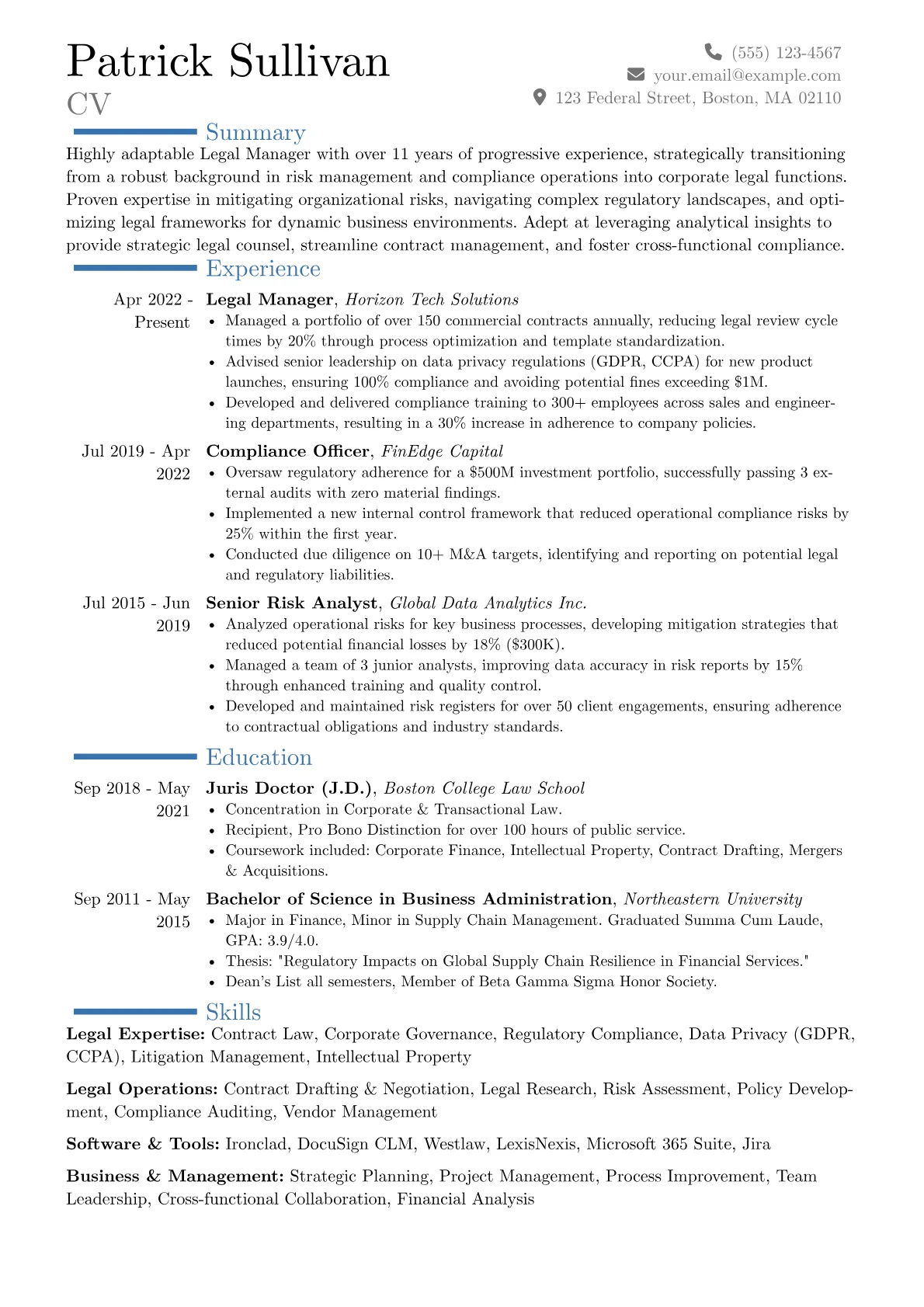 Legal Manager resume example, Career changer, page 1