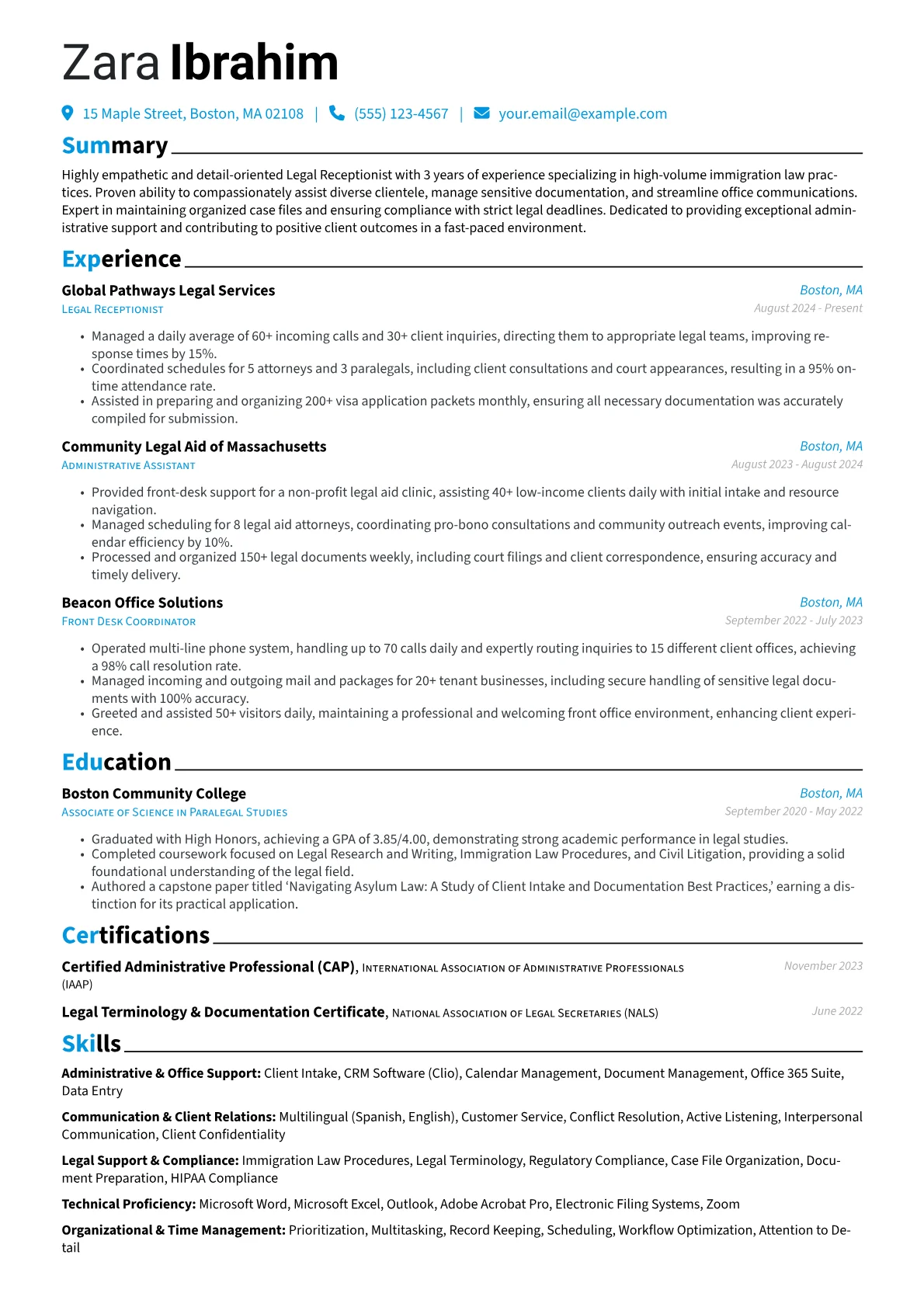 Legal Receptionist resume example, Immigration Law, page 1