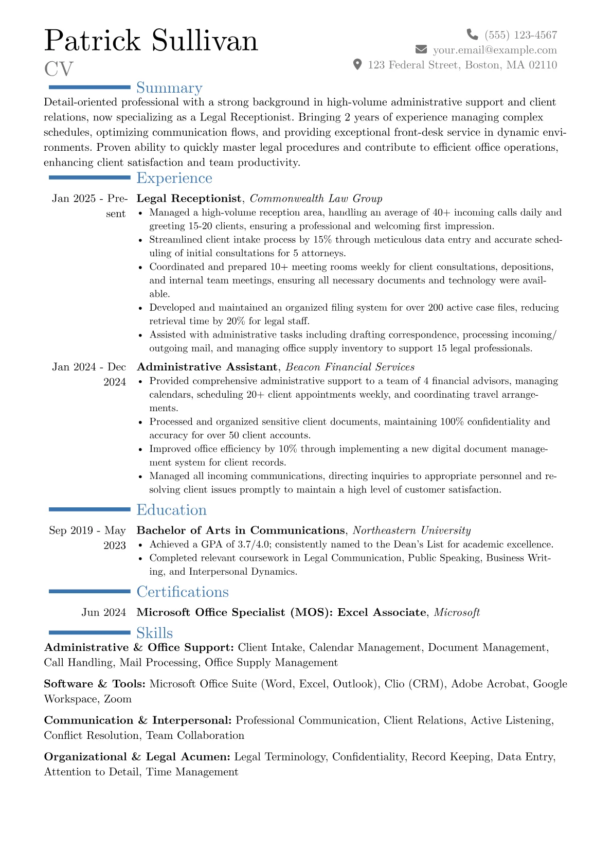 Legal Receptionist resume example, Career changer, page 1