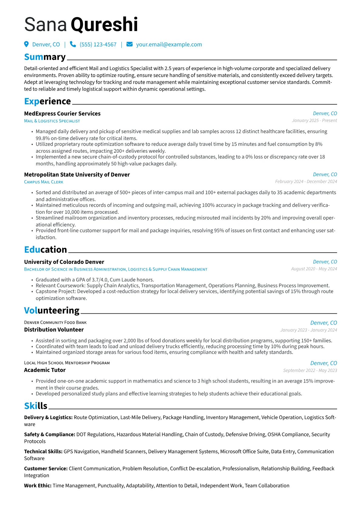 Letter Carrier resume example, Specialized Courier, page 1