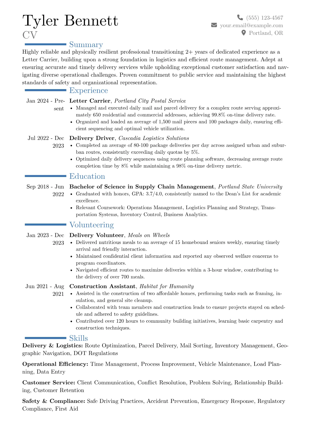 Letter Carrier resume example, Career changer, page 1