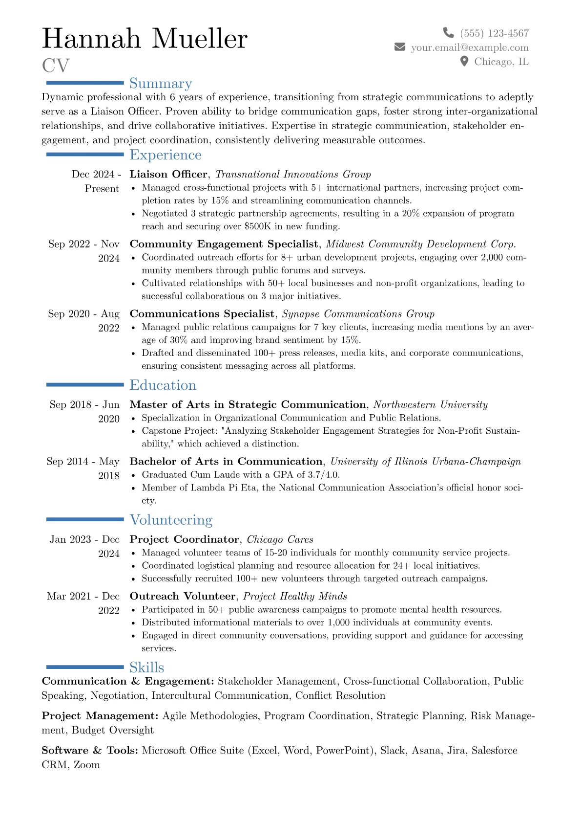 Liaison Officer resume example, Career changer, page 1