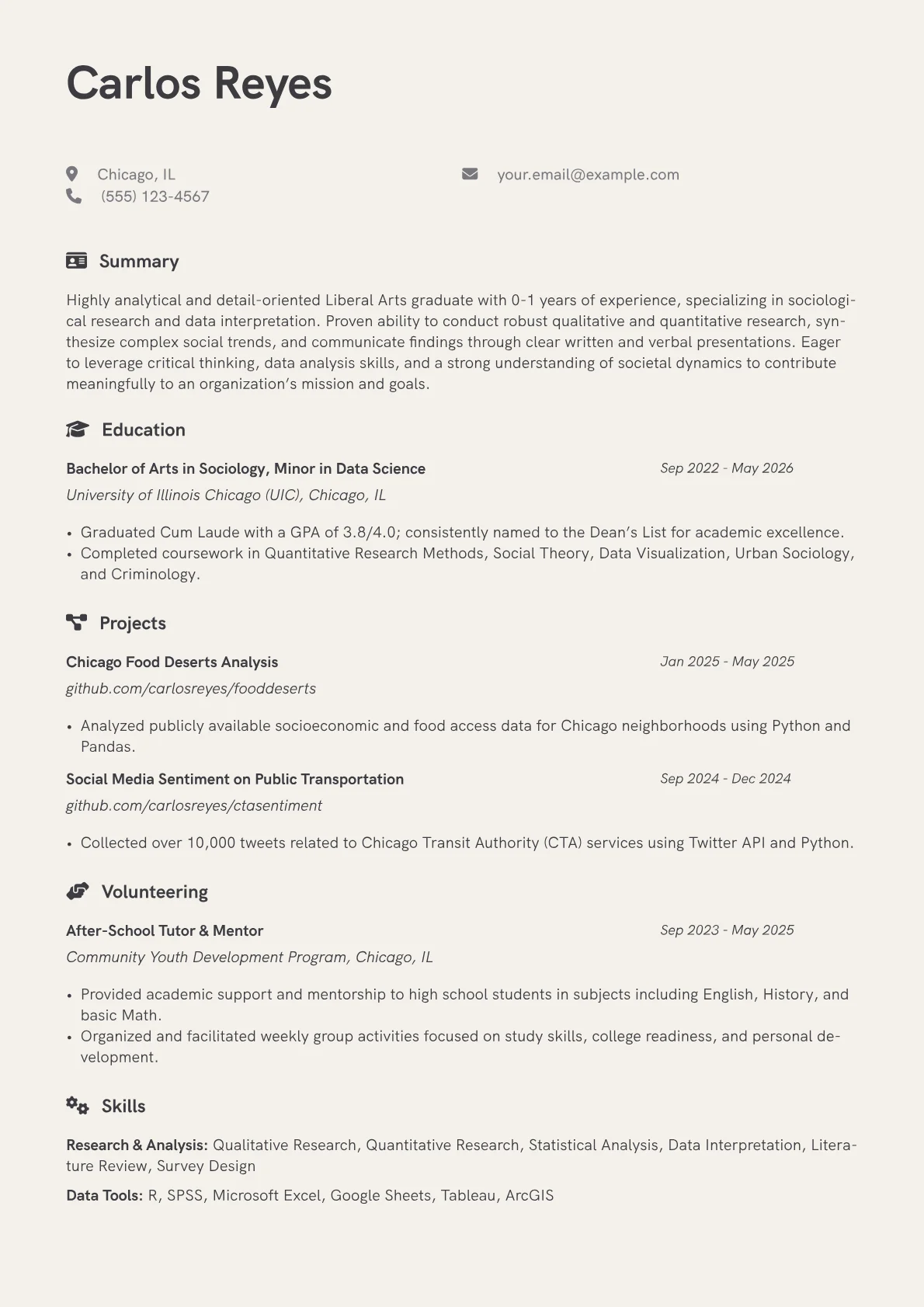 Liberal Arts Student resume example, Sociology Research Focus, page 1