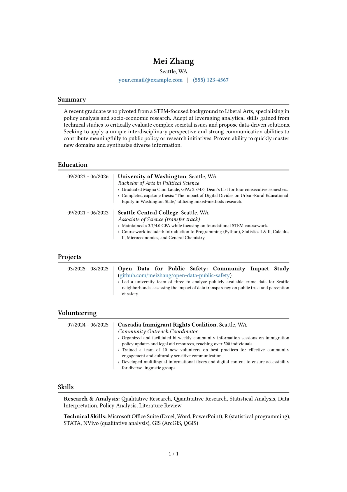 Liberal Arts Student resume example, Career changer, page 1