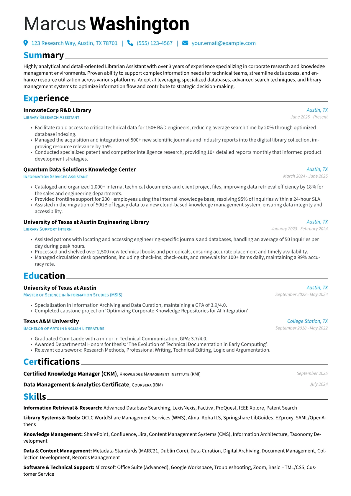 Librarian Assistant resume example, Corporate Research, page 1