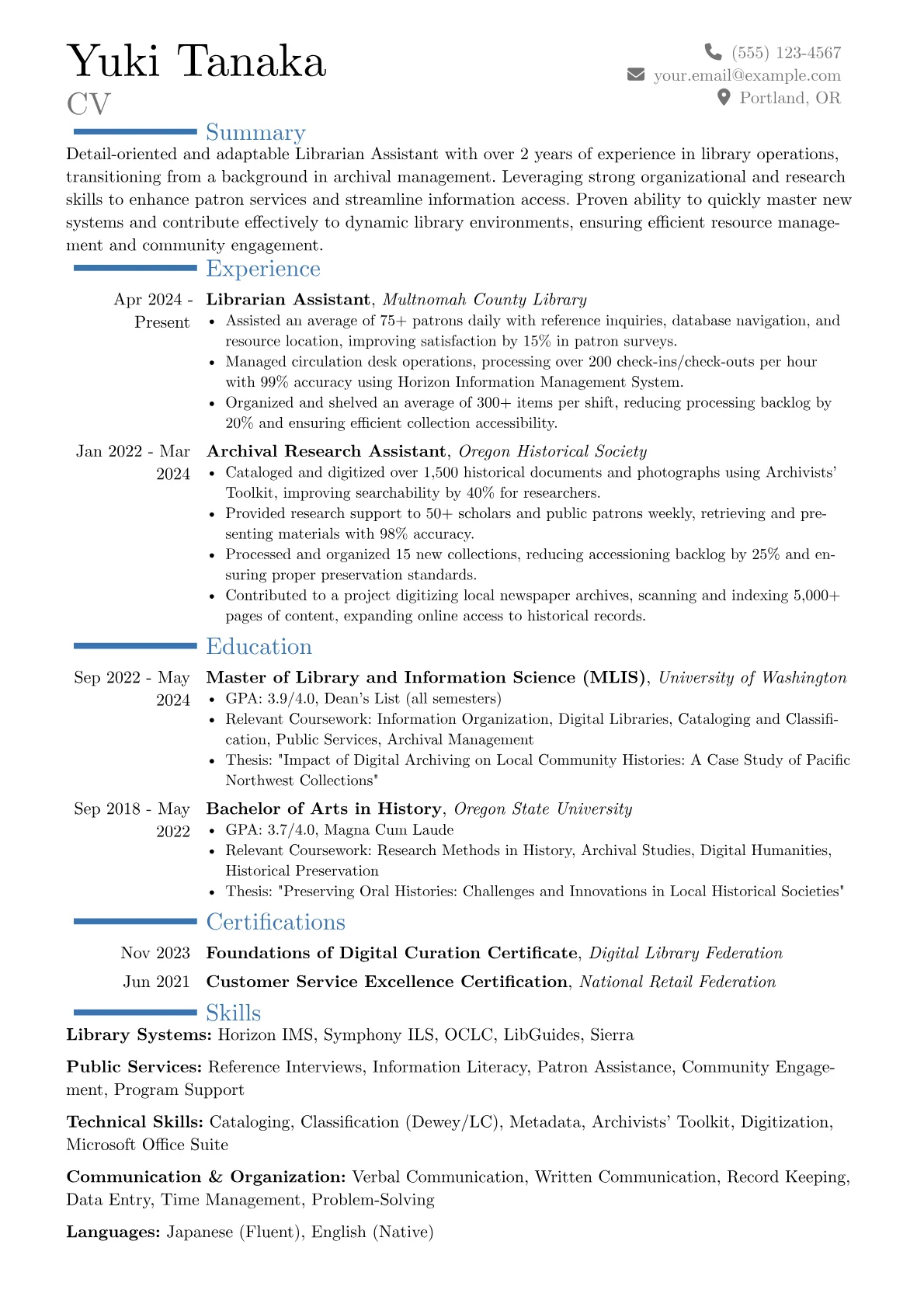 Librarian Assistant resume example, Career changer, page 1