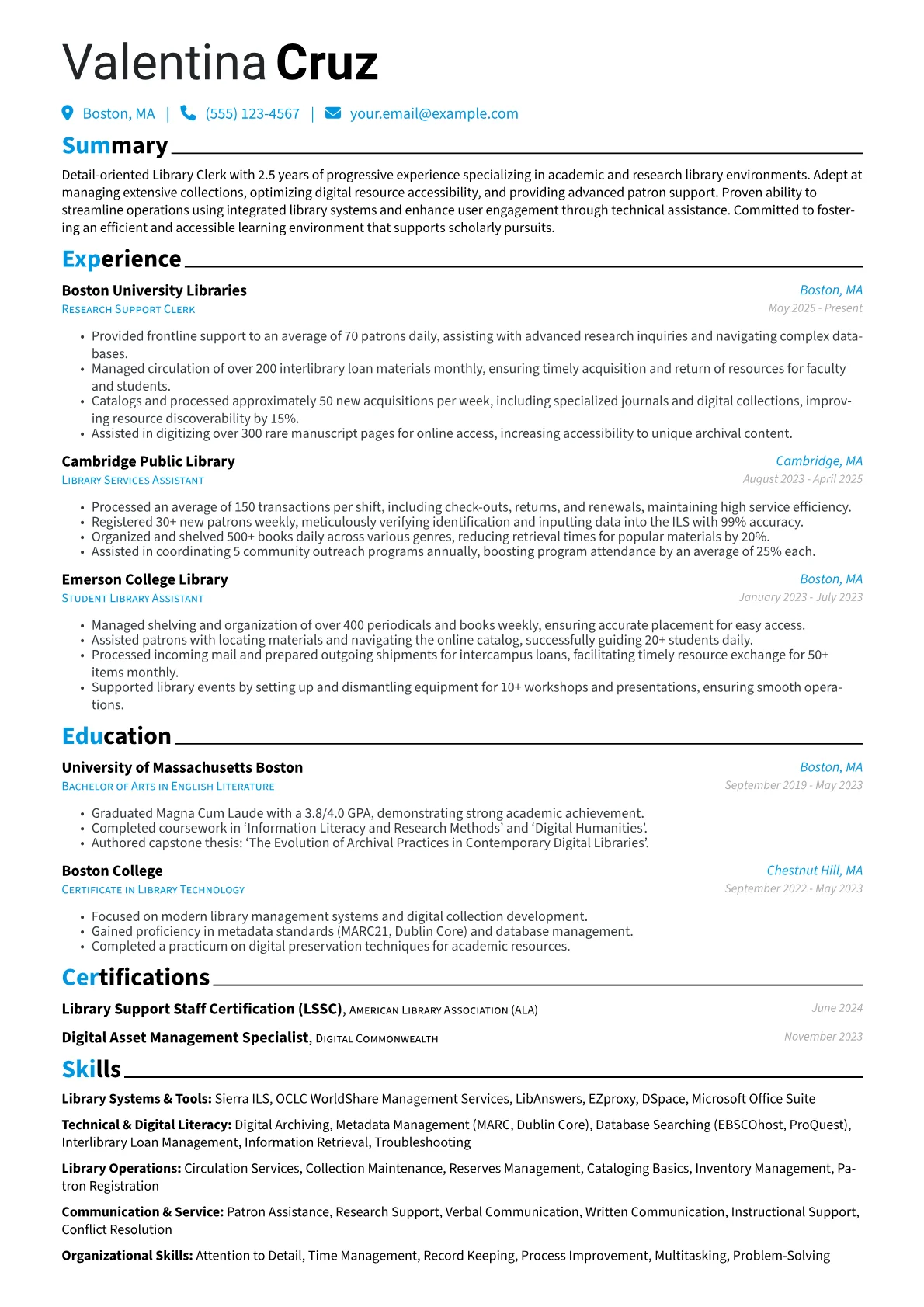 Library Clerk resume example, Academic & Research, page 1