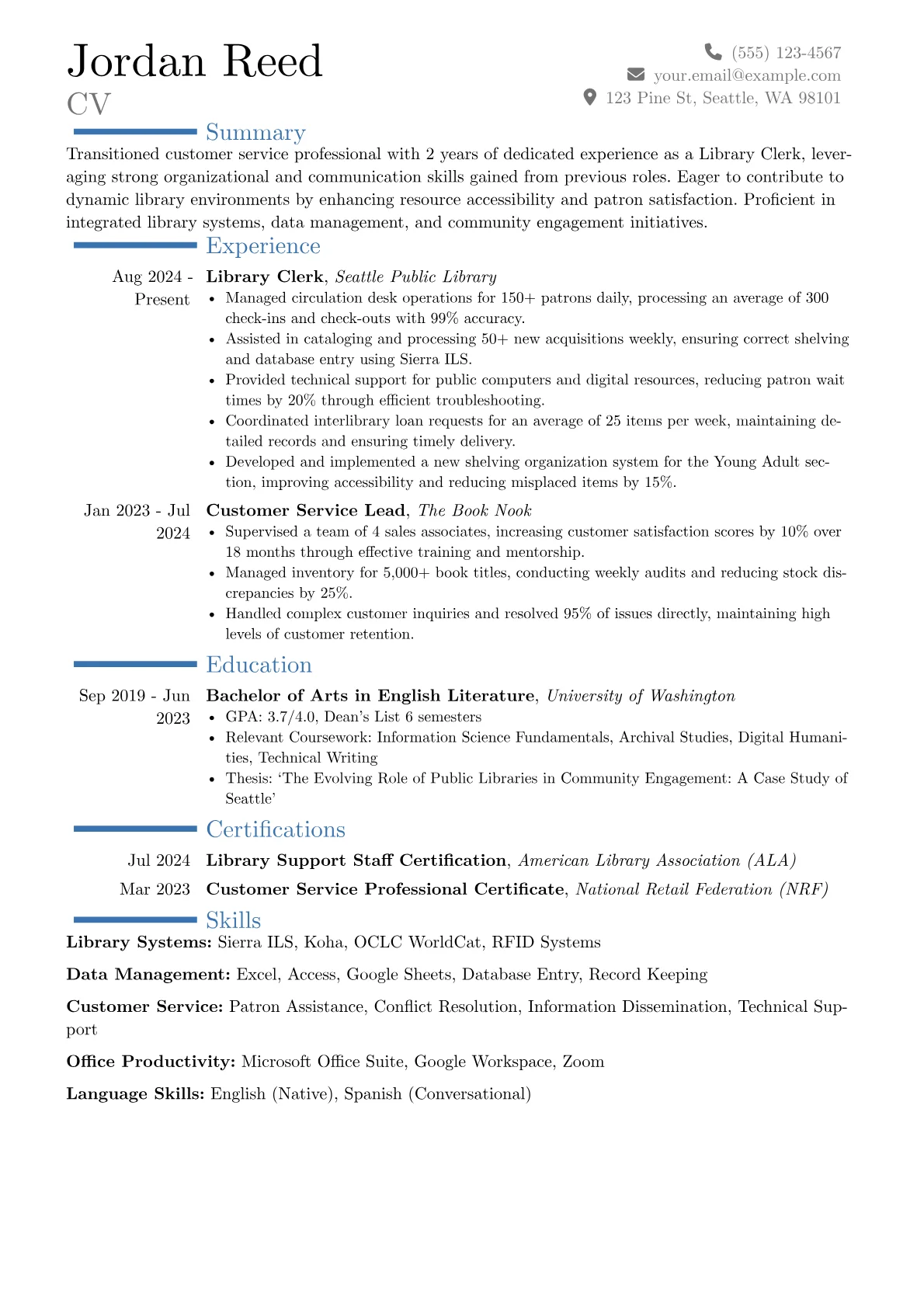 Library Clerk resume example, Career changer, page 1