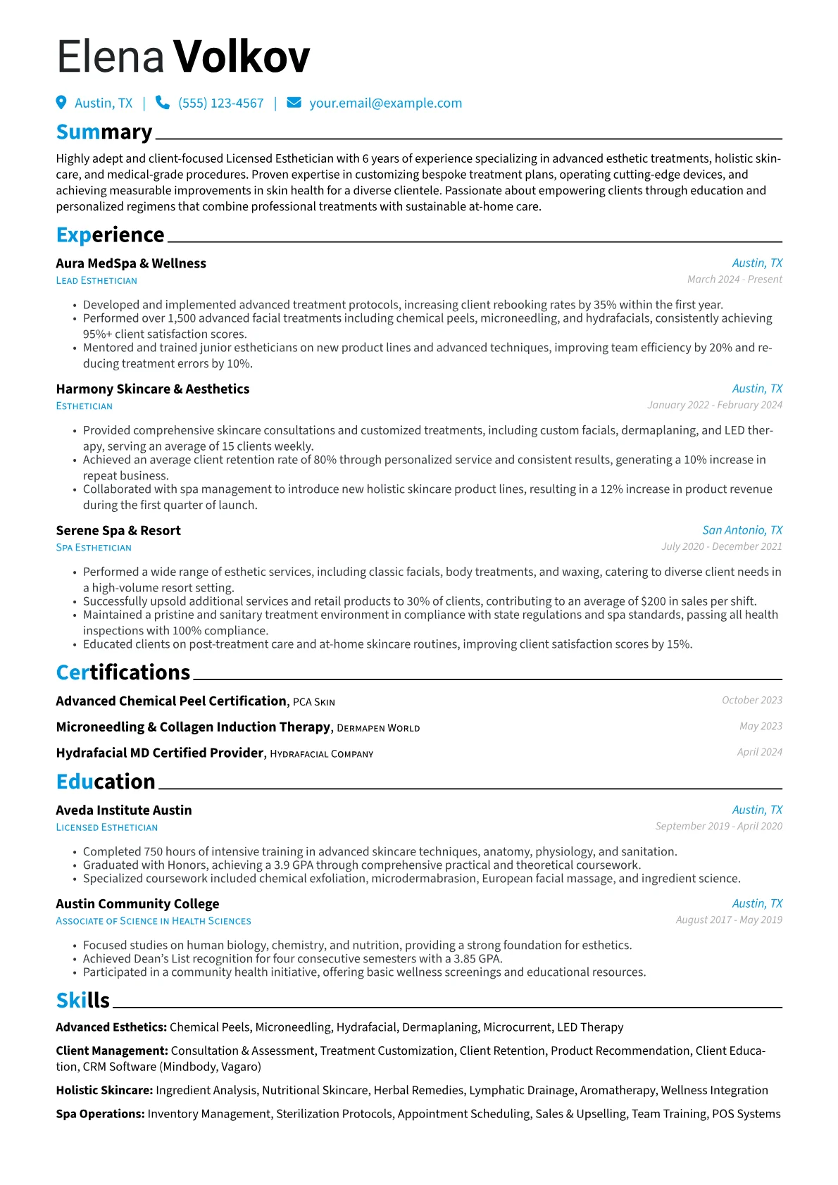 Licensed Esthetician resume example, Holistic & Advanced, page 1