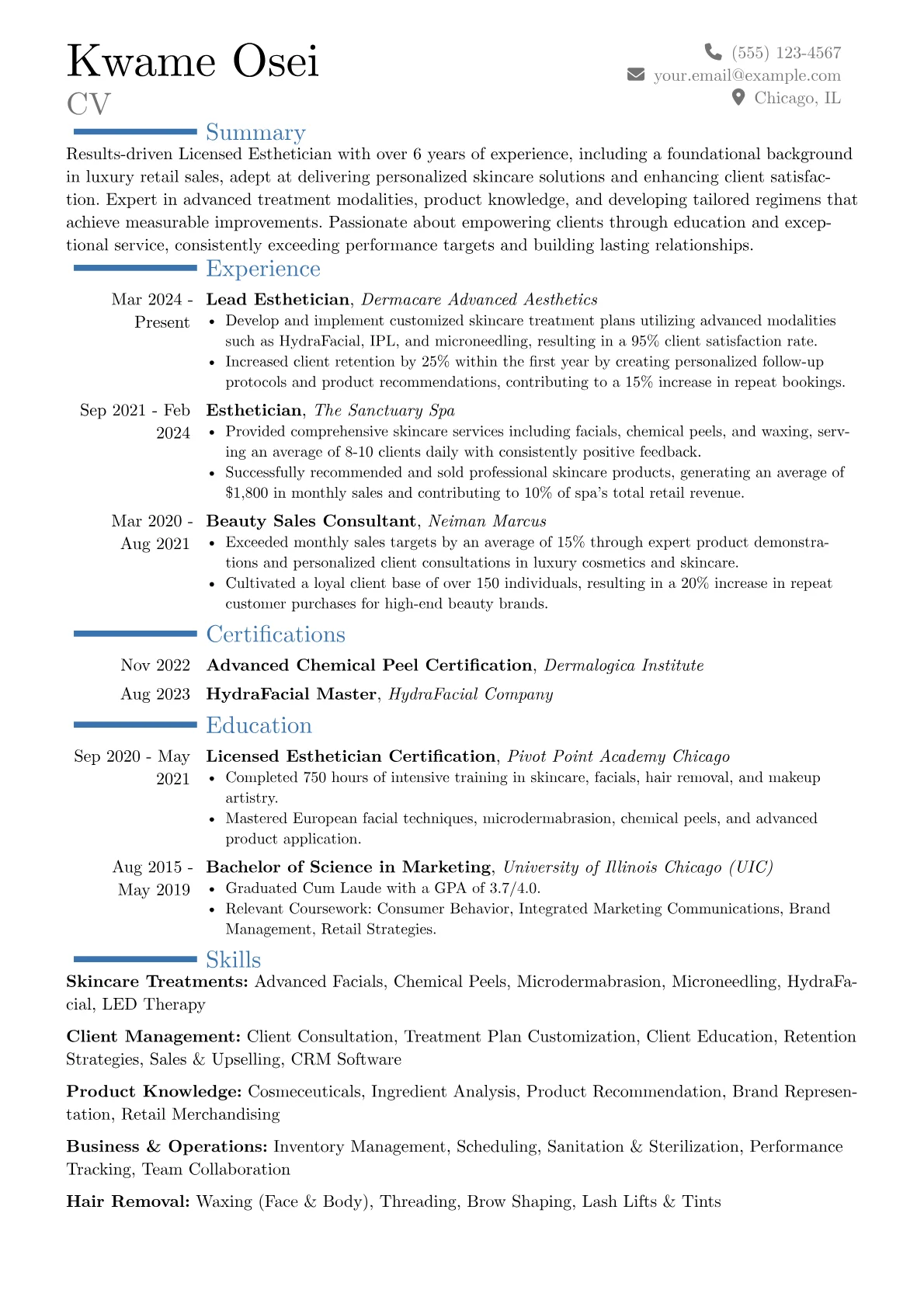 Licensed Esthetician resume example, Career changer, page 1