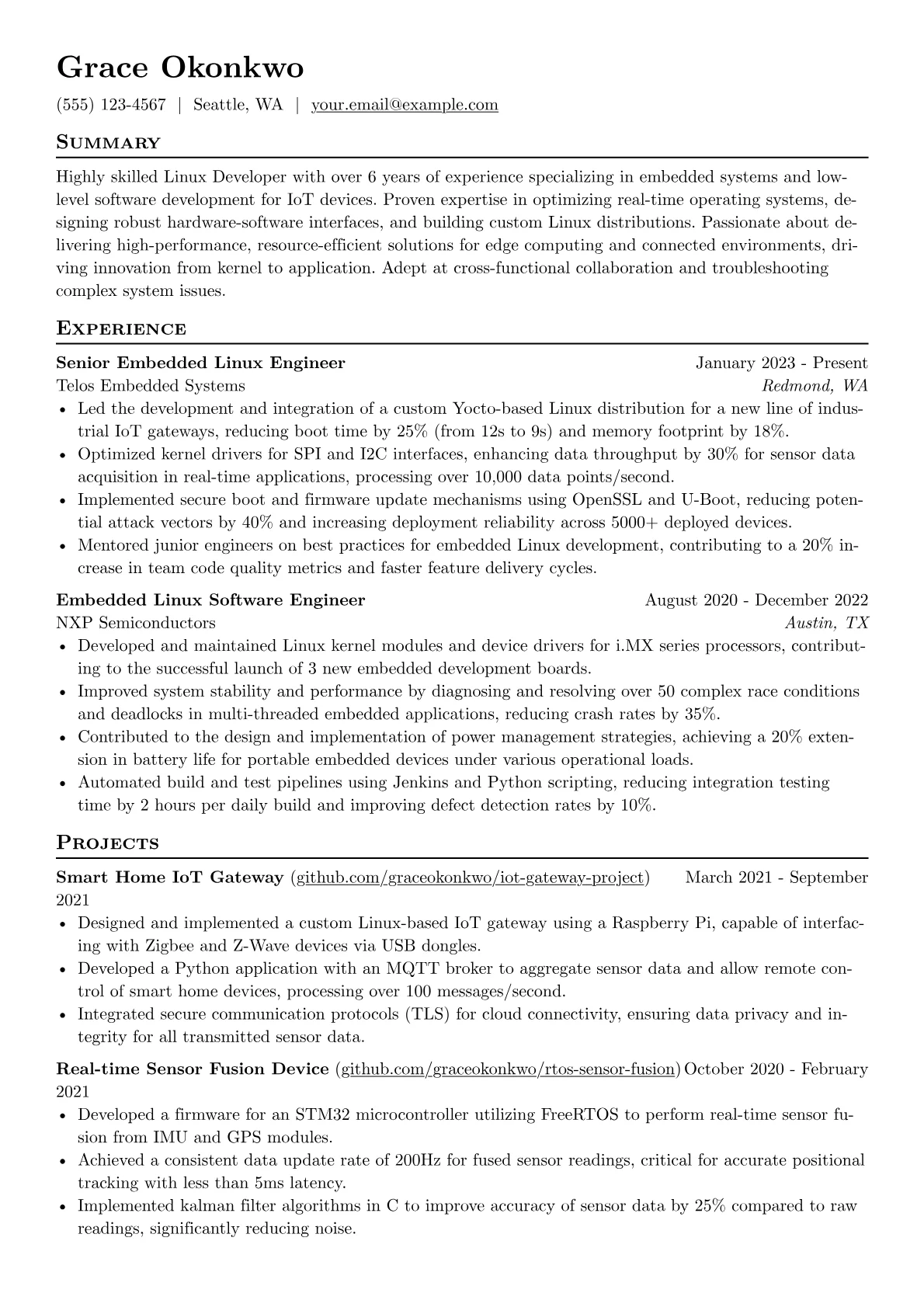 Linux Developer resume example, Embedded Linux Developer, page 1