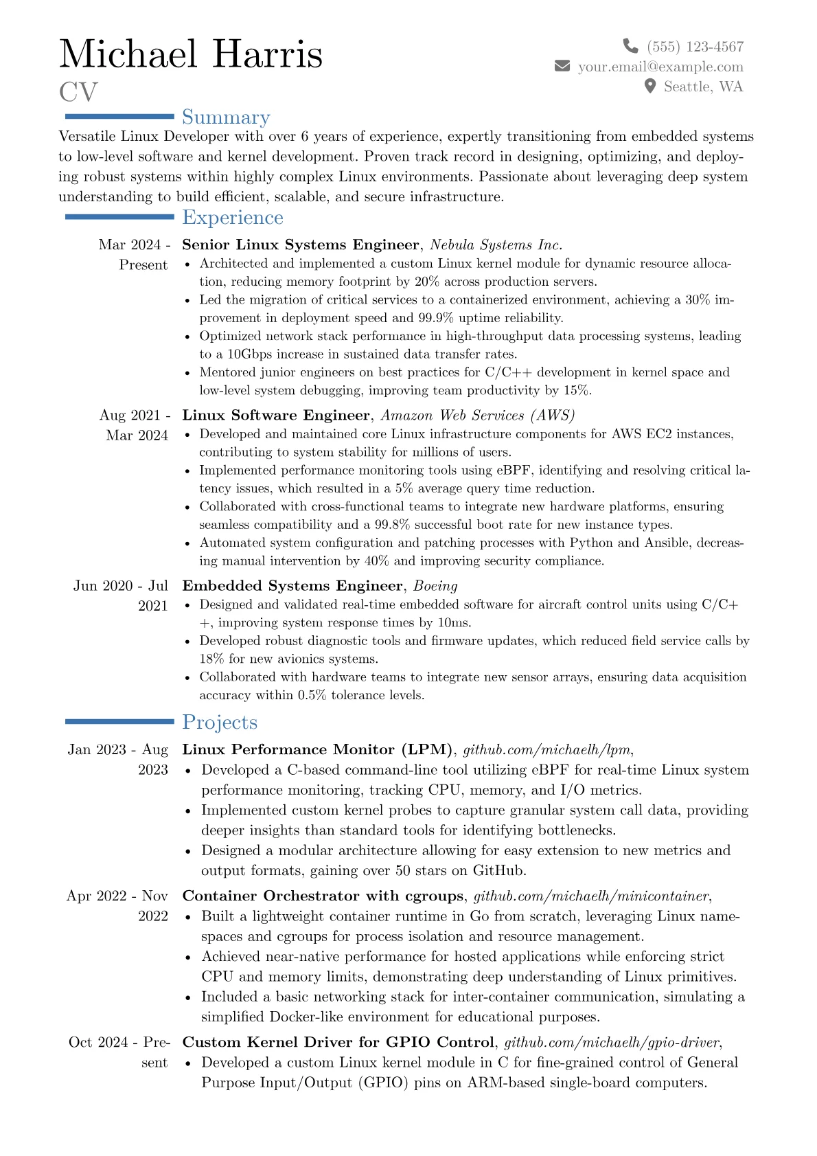 Linux Developer resume example, Career changer, page 1