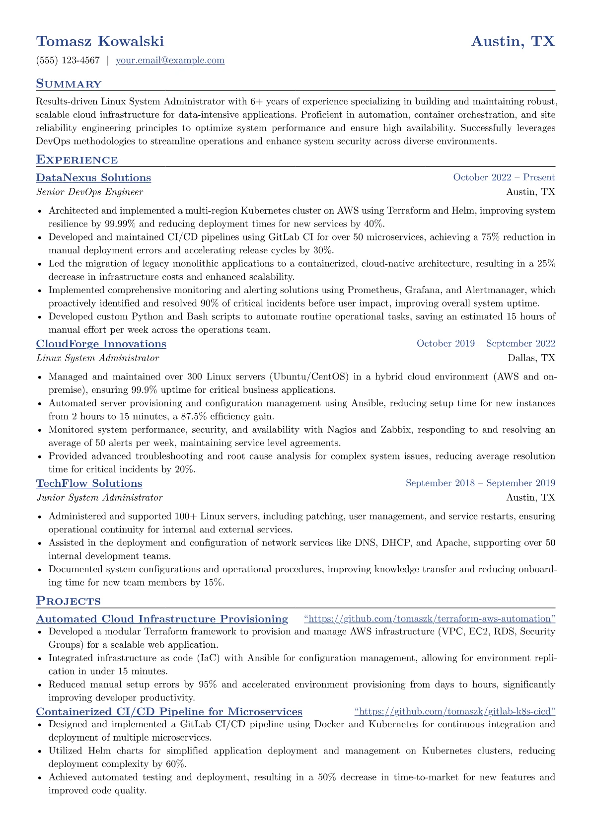 Linux System Administrator resume example, Cloud-Native Linux System, page 1