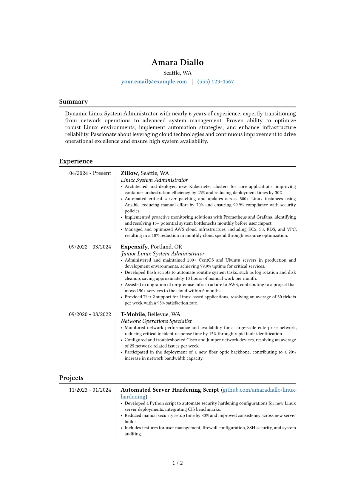 Linux System Administrator resume example, Career changer, page 1