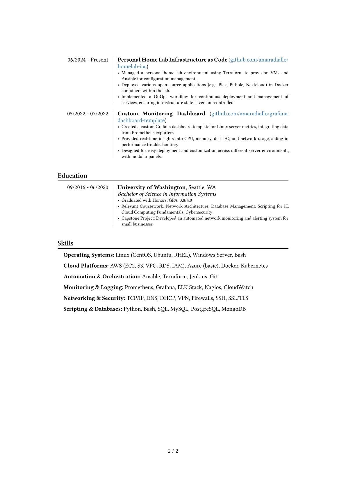 Linux System Administrator resume example, Career changer, page 2
