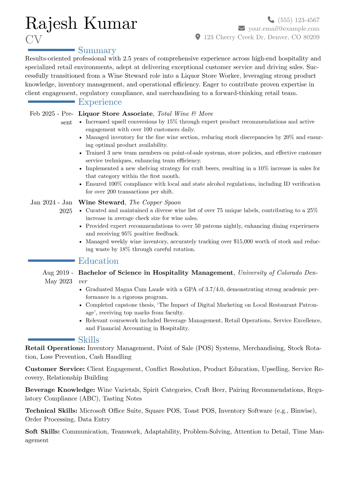 Liquor Store Worker resume example, Career changer, page 1