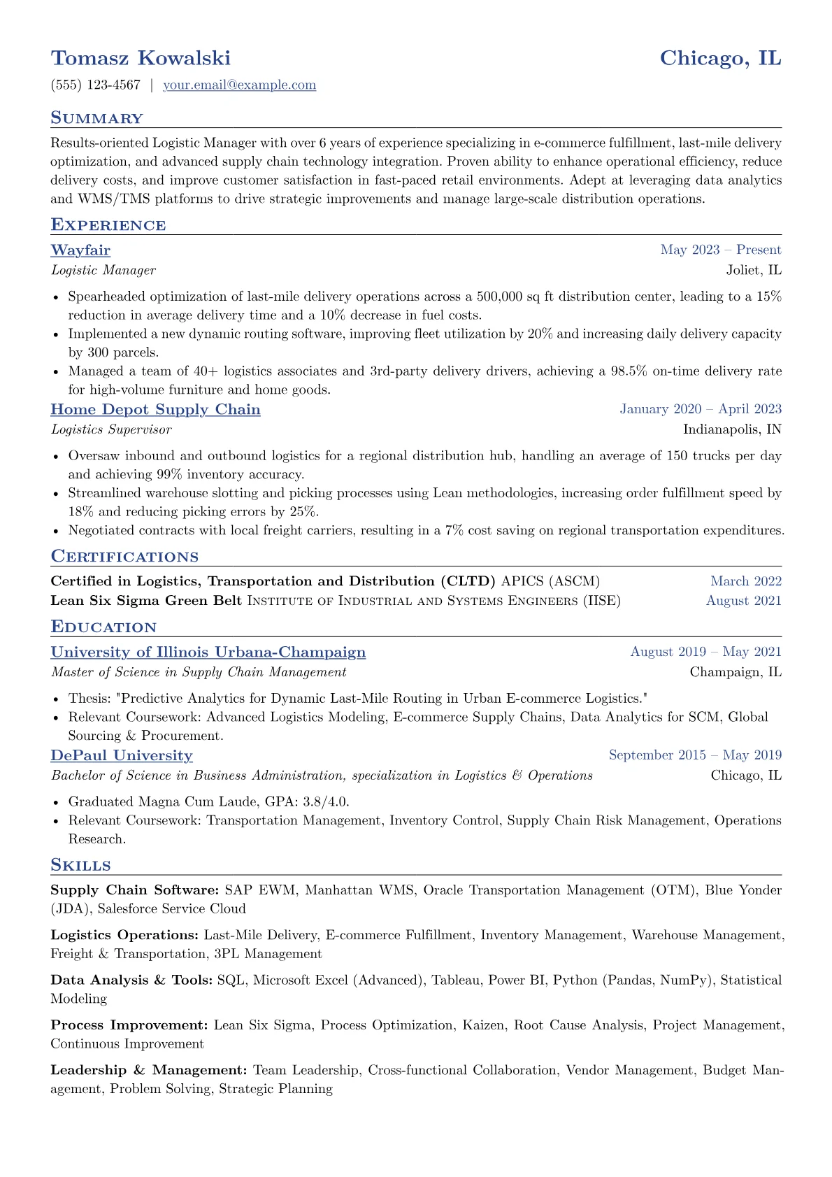 Logistic Manager resume example, Logistic Manager, page 1
