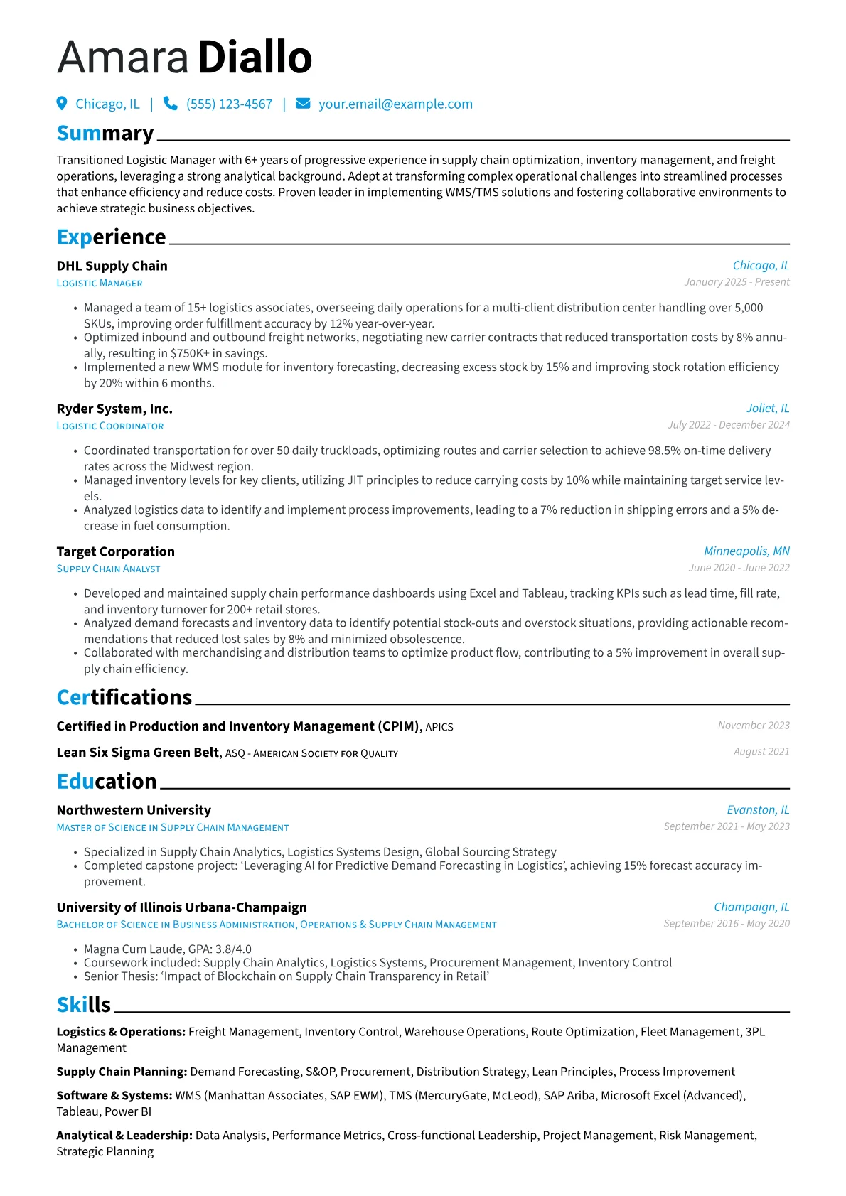 Logistic Manager resume example, Career changer, page 1