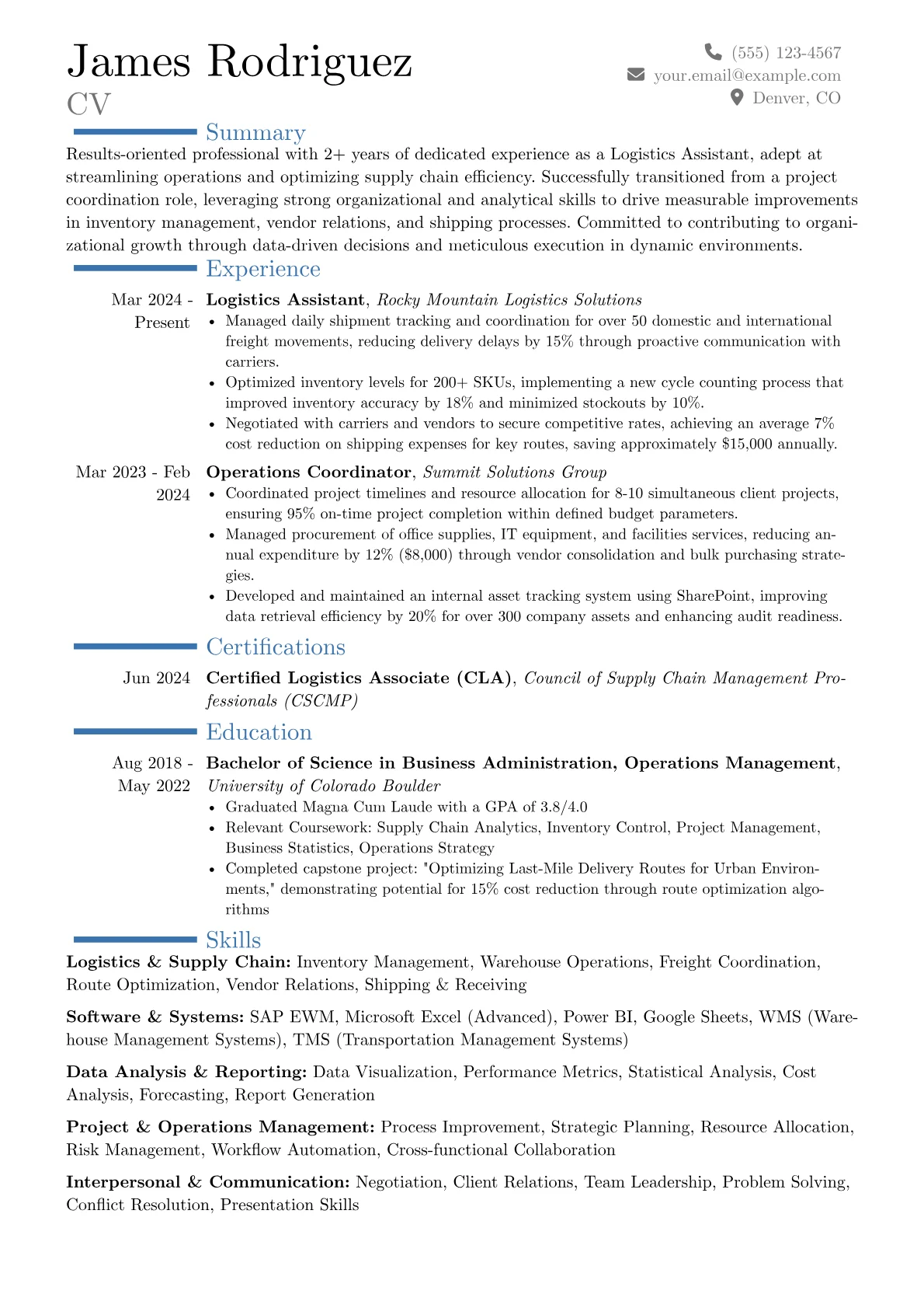 Logistics Assistant resume example, Career changer, page 1
