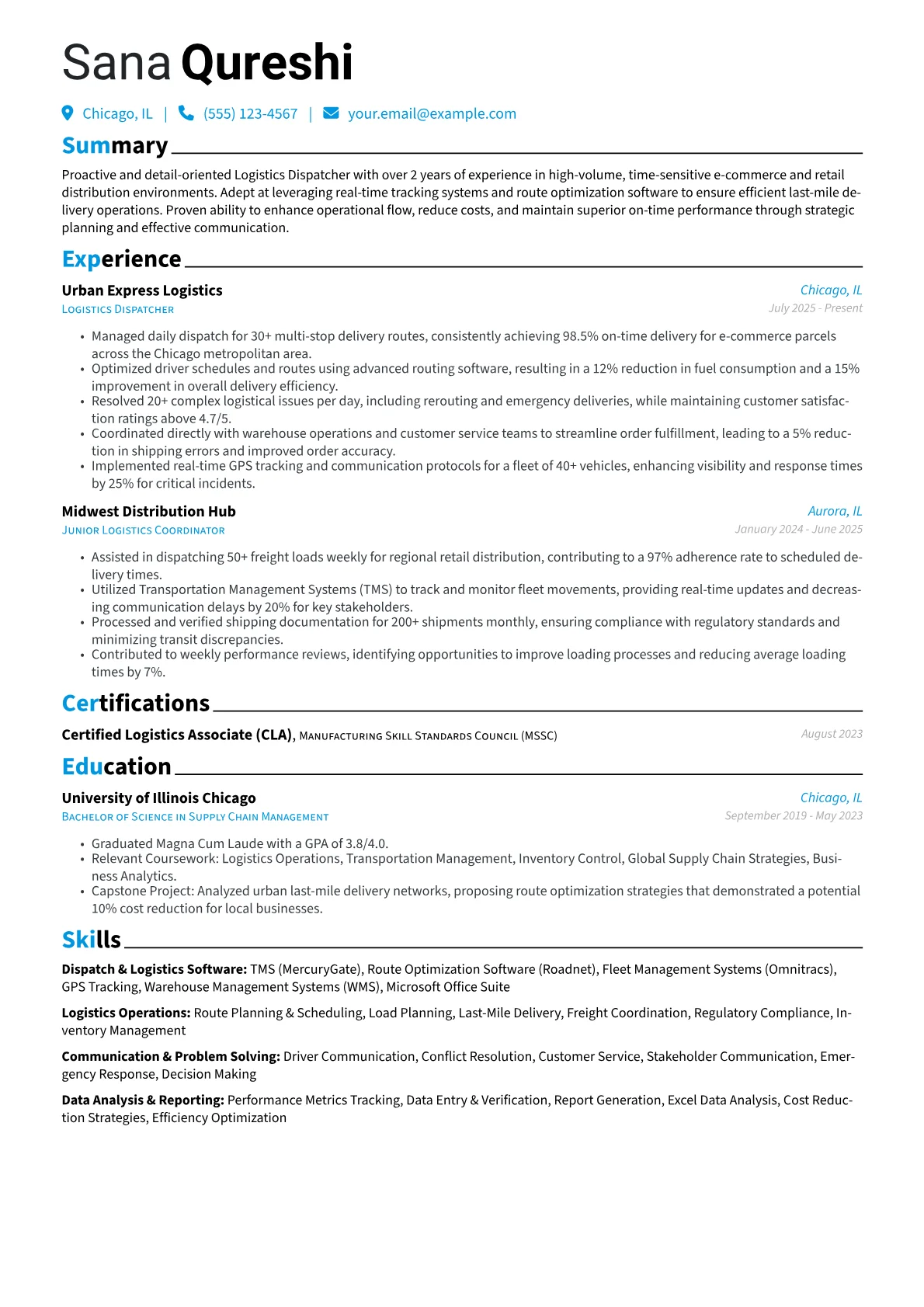 Logistics Dispatcher resume example, E-commerce & Last-Mile, page 1