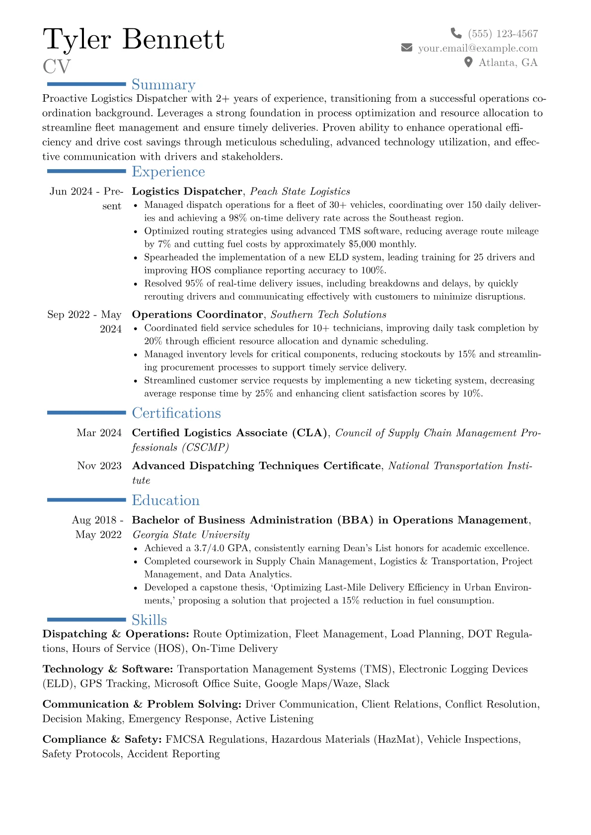 Logistics Dispatcher resume example, Career changer, page 1