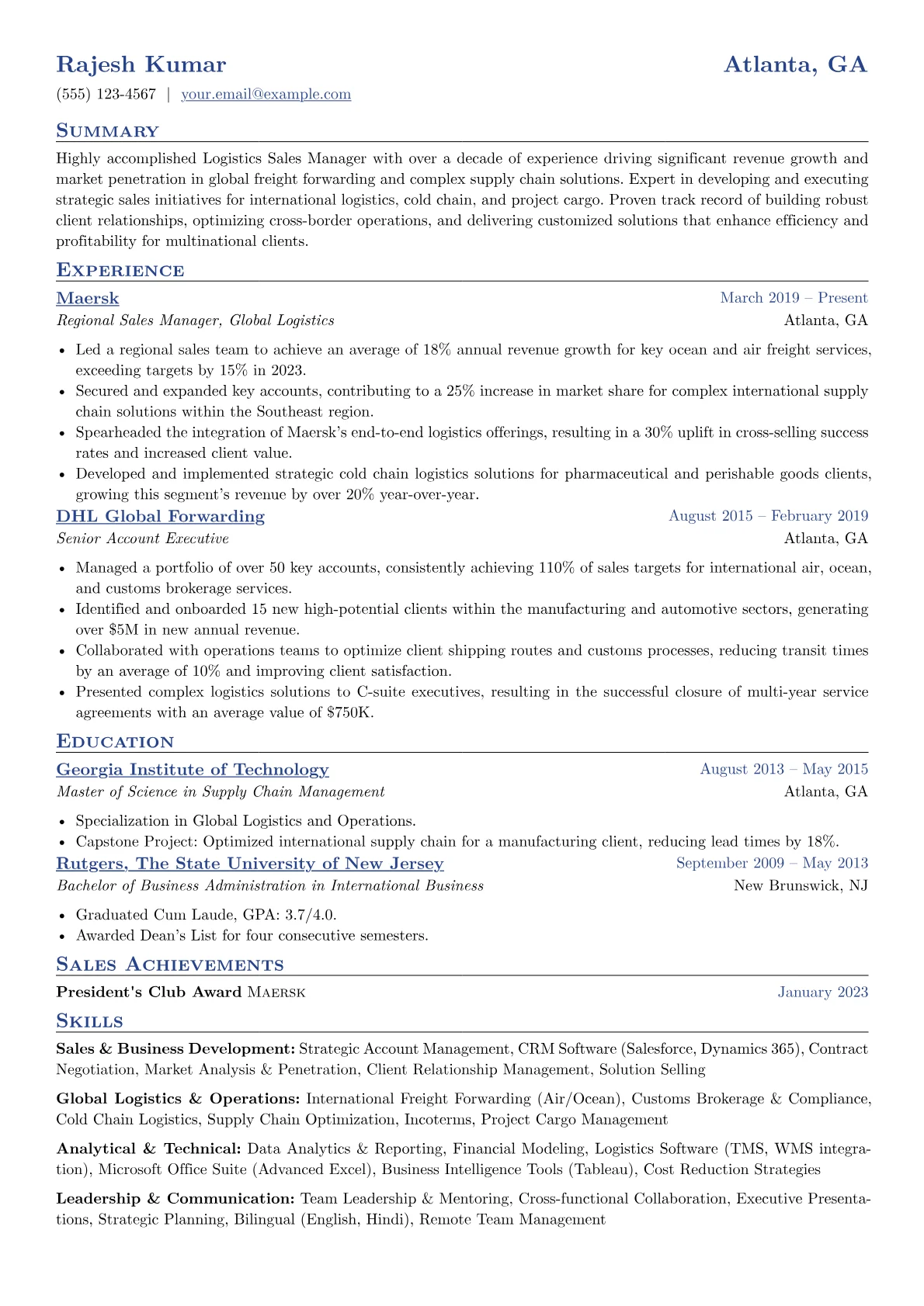Logistics Sales Manager resume example, International Freight, page 1