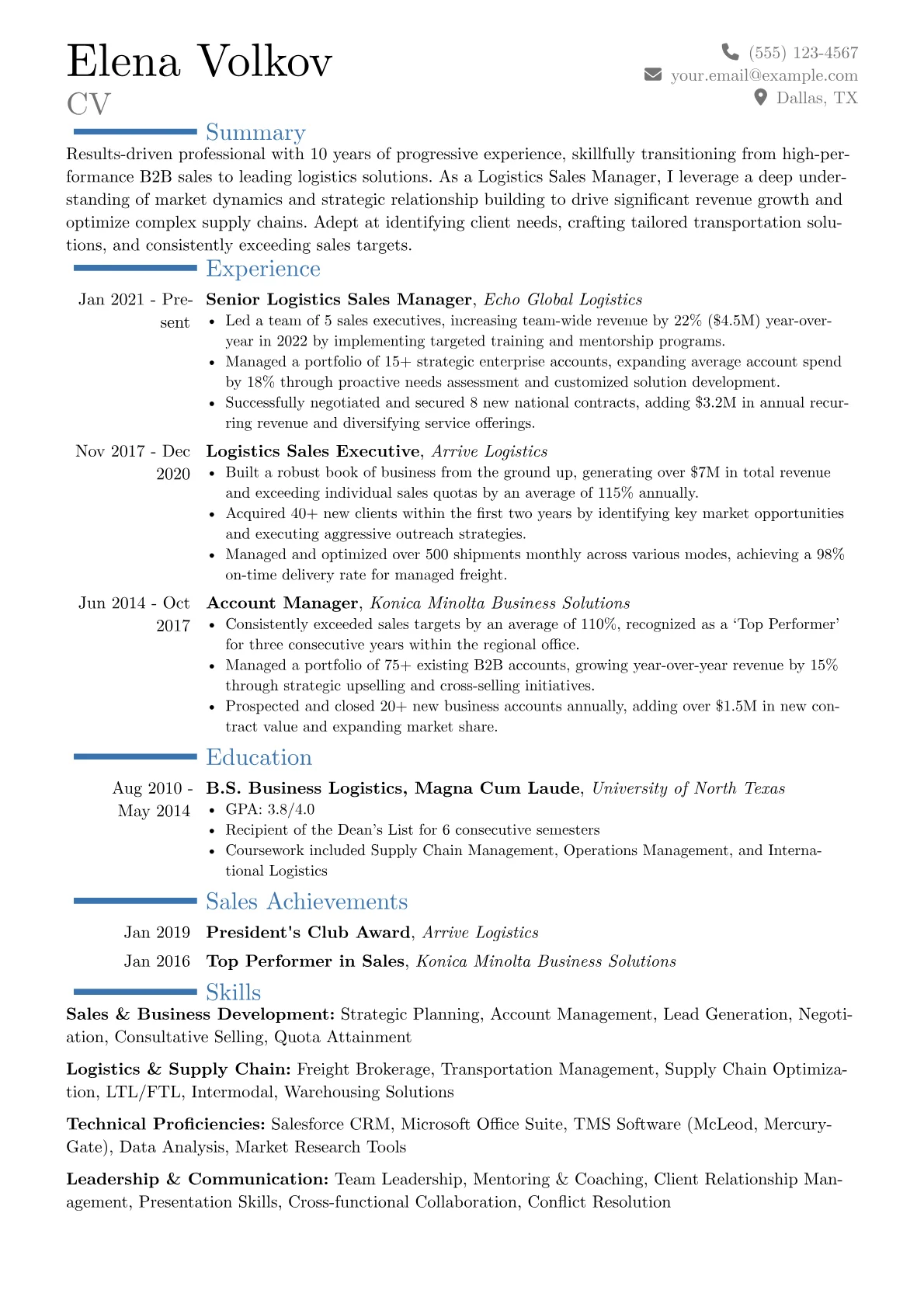 Logistics Sales Manager resume example, Career changer, page 1