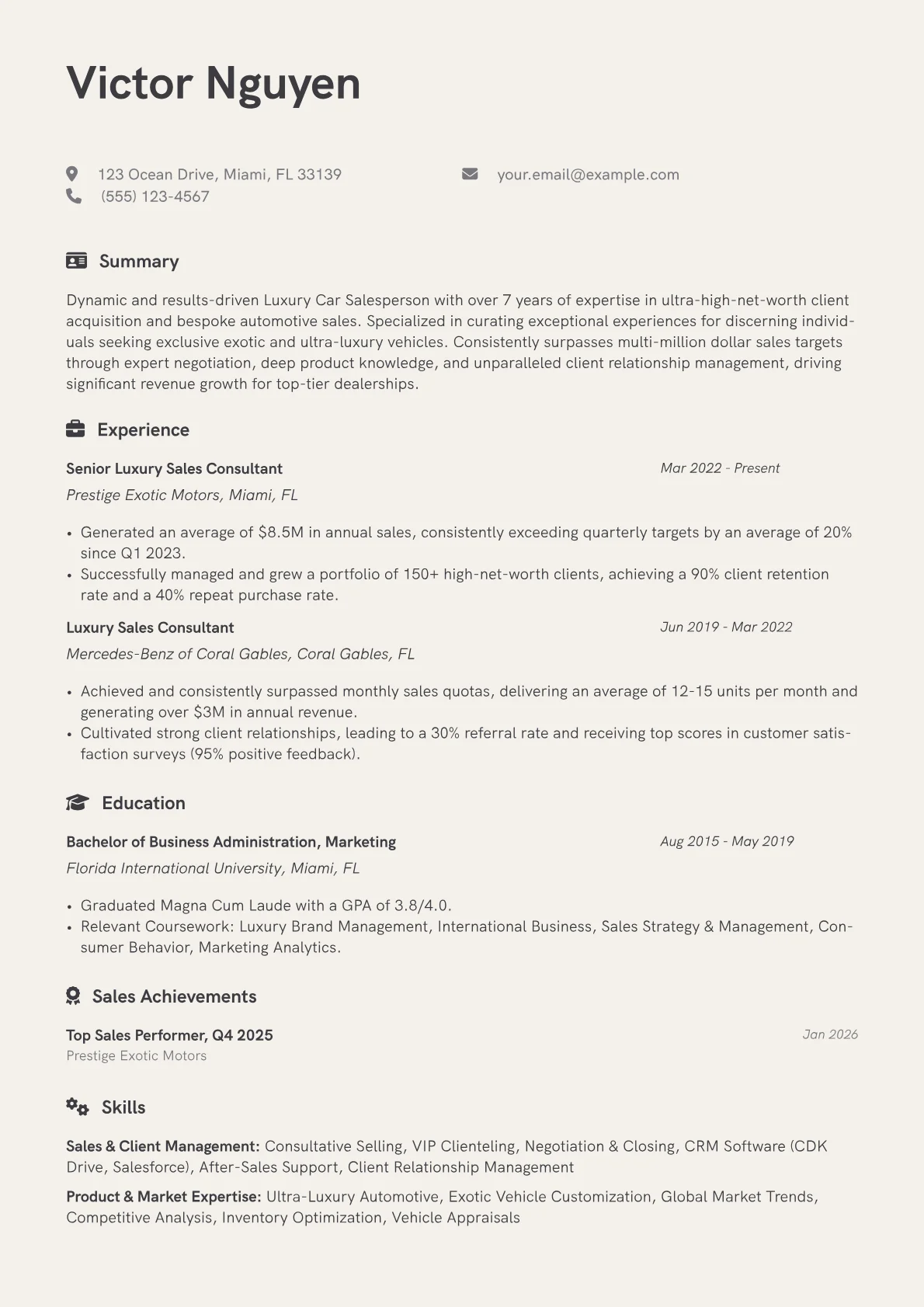 Luxury Car Salesperson resume example, Ultra-Luxury & Exotic, page 1
