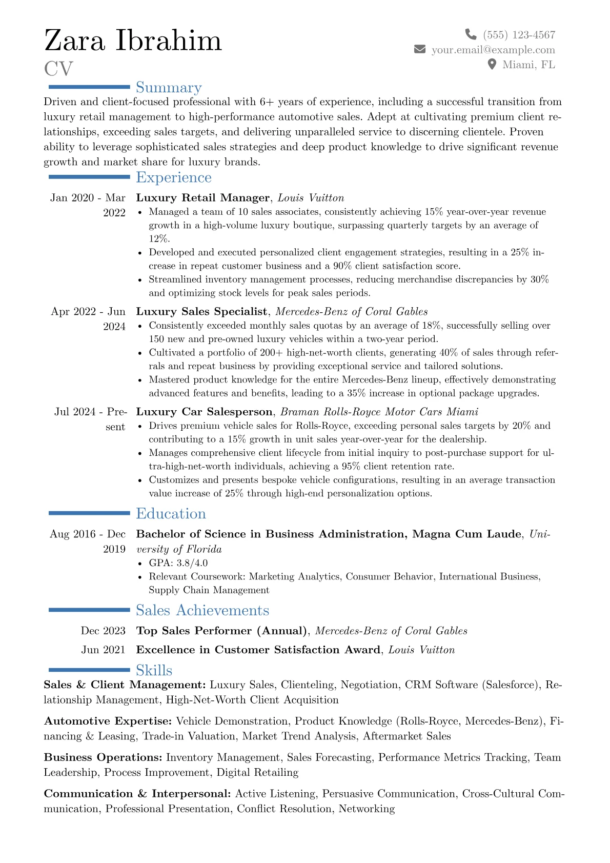 Luxury Car Salesperson resume example, Career changer, page 1
