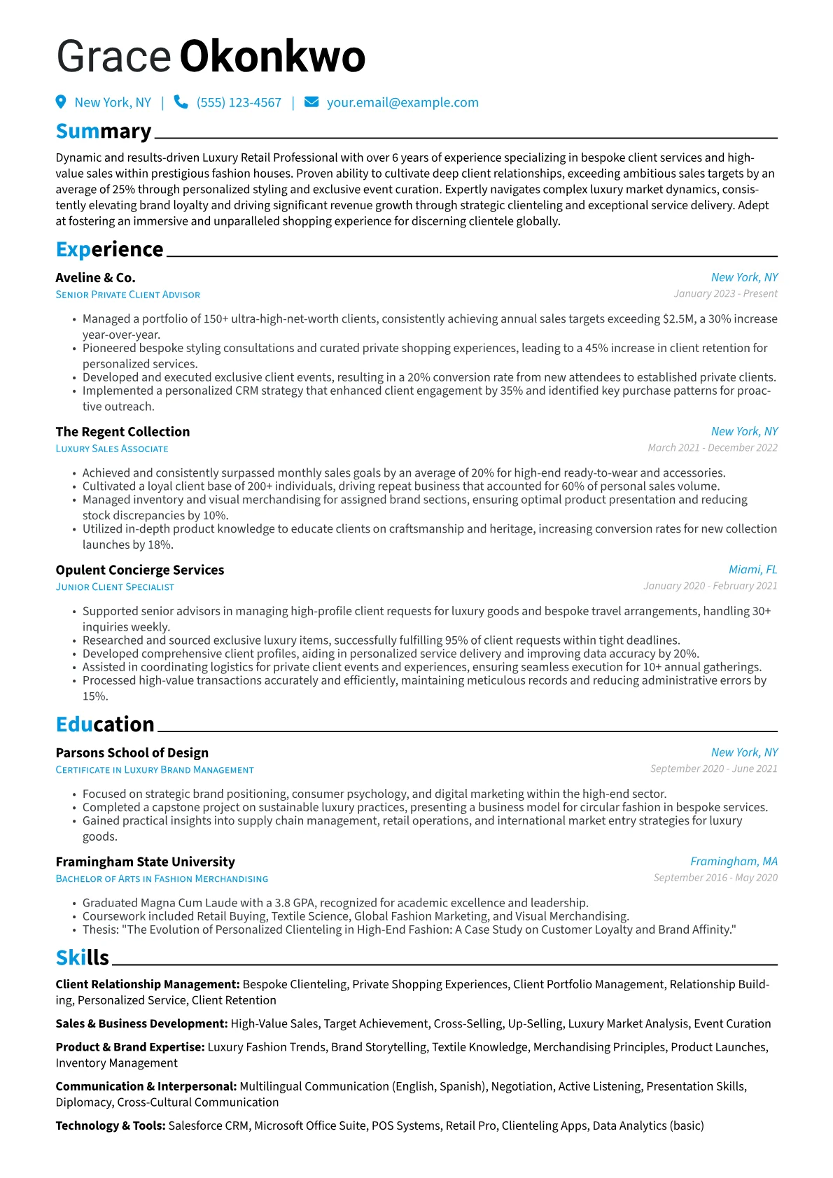 Luxury Retail Professional resume example, Luxury Retail Professional, page 1