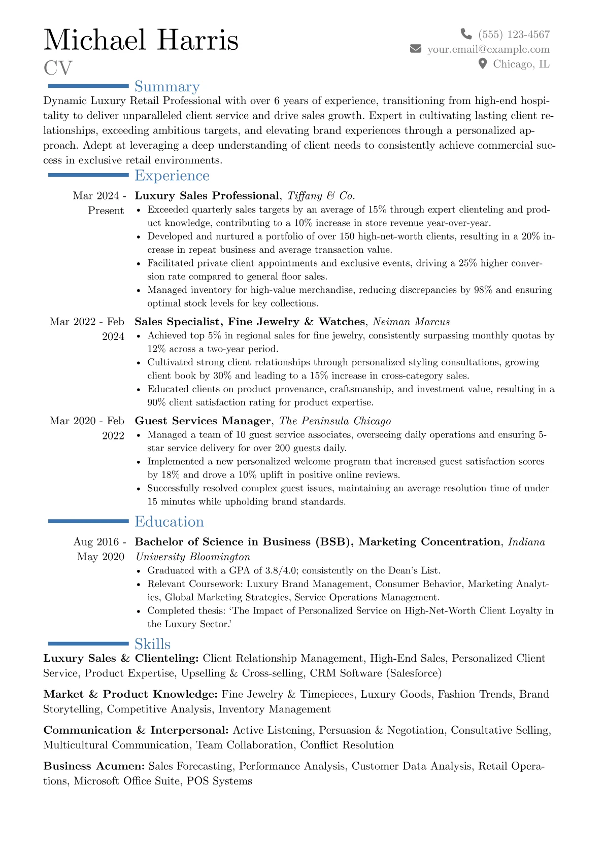 Luxury Retail Professional resume example, Career changer, page 1