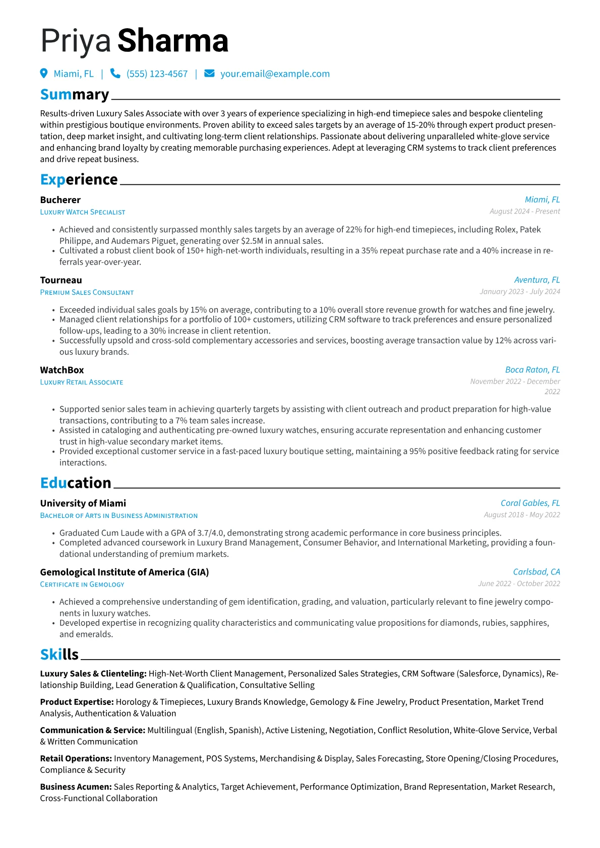 Luxury Sales Associate resume example, Luxury Sales Associate, page 1