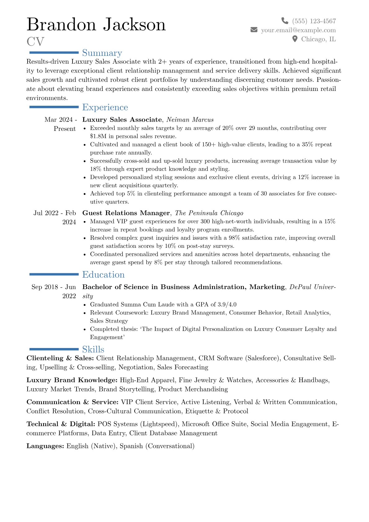 Luxury Sales Associate resume example, Career changer, page 1