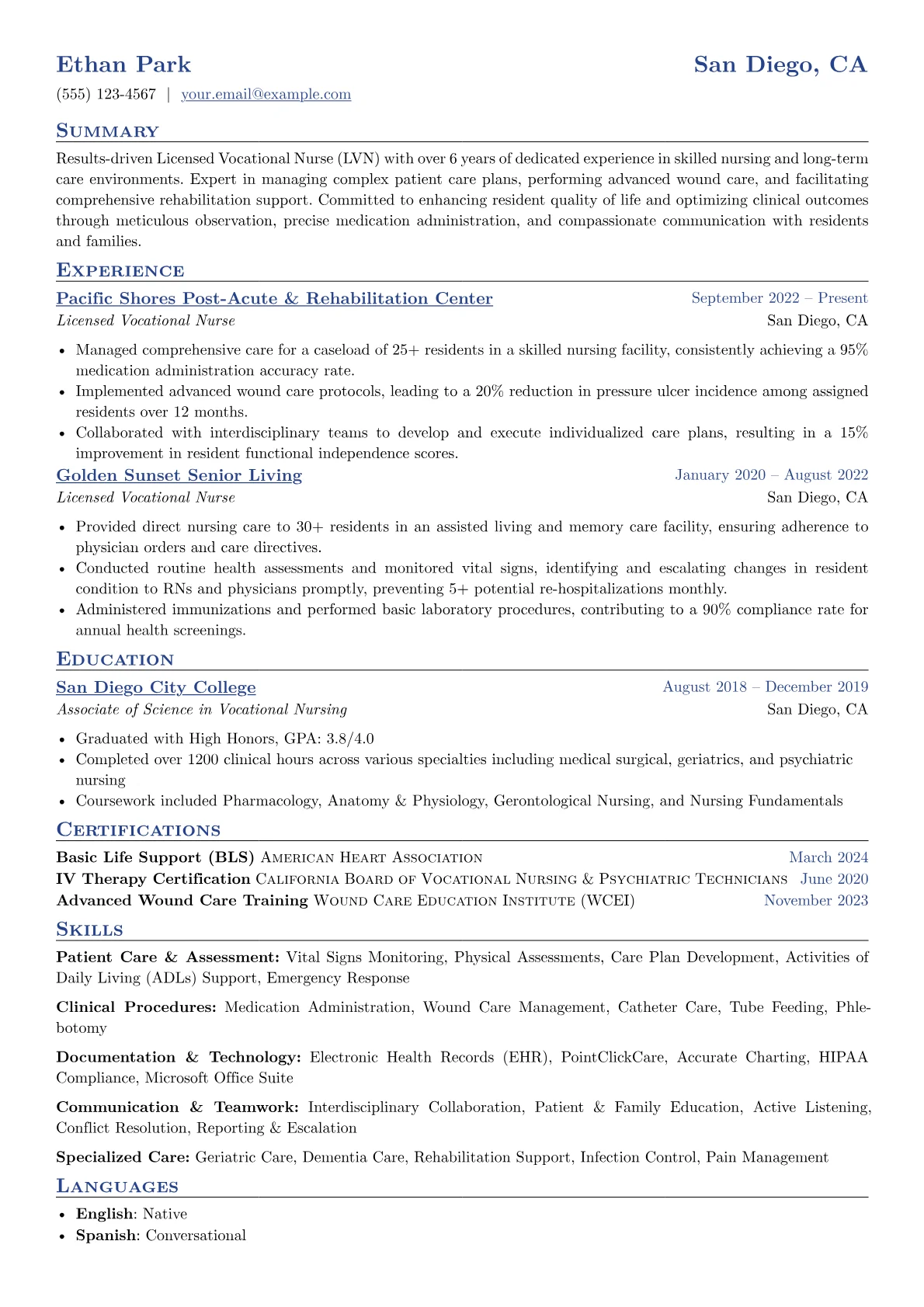 LVN resume example, Skilled Nursing Facility, page 1