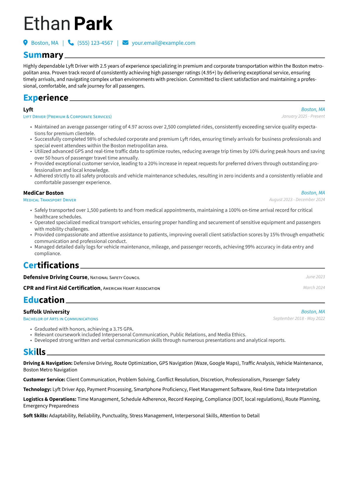 Lyft Driver resume example, Specialized Urban, page 1
